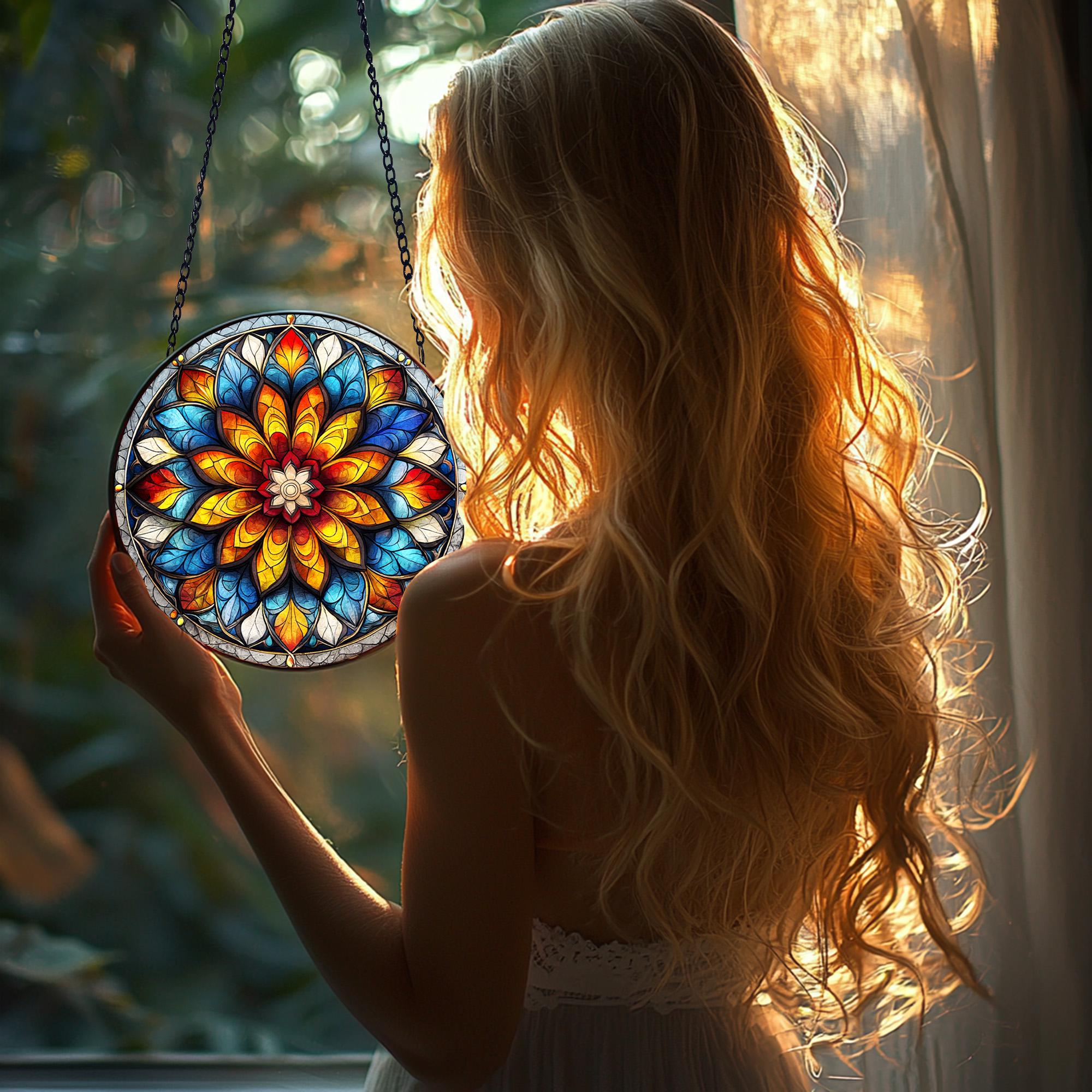 Handmade Mandala Suncatcher_ Painted Stained Glass Window Decor, Stained Glass Acrylic Suncatcher, Vibrant Window Hanging Art, Colorful Light Catcher Decor, Boho Window Ornament, Unique Home Gift
