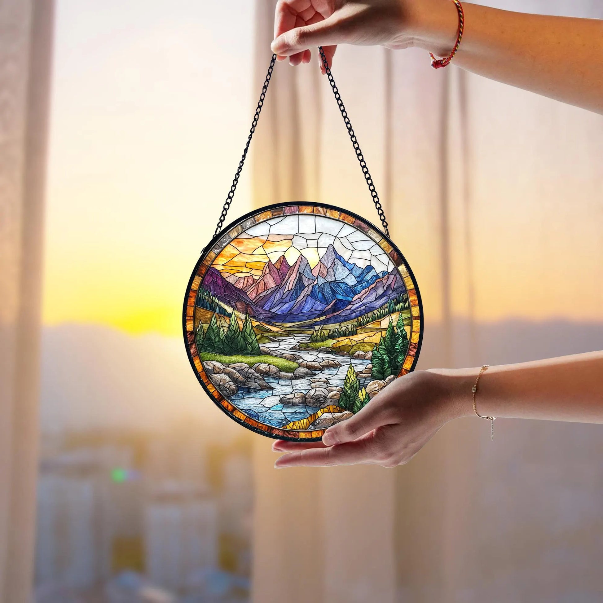 Mountain River Stained Glass Suncatcher_ Handmade Nature Decor, Artistic Stained Glass Acrylic Panel, Window Light Catcher Hanging, Colorful Home Decor Accent, Handmade Gift for Any Occasion