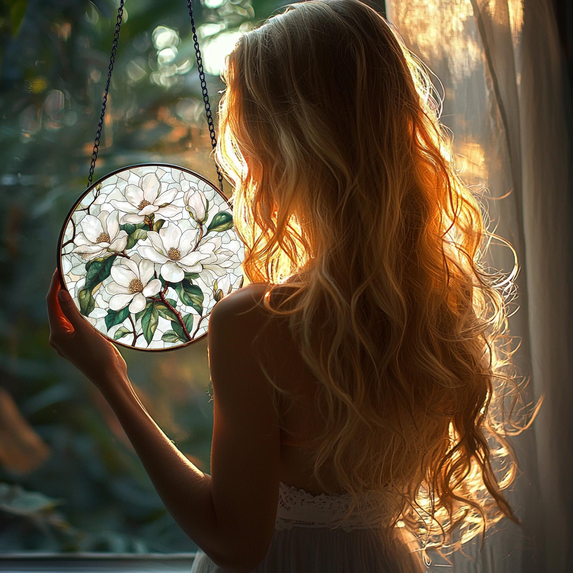 Handmade Stained Glass White Magnolia Suncatcher_ Floral Window Hanging, Handcrafted Stained Glass Suncatcher, Vibrant Window Art Panel, Sunlit Light Catcher Decoration, Boho Room Decor, Gift for Home Lovers