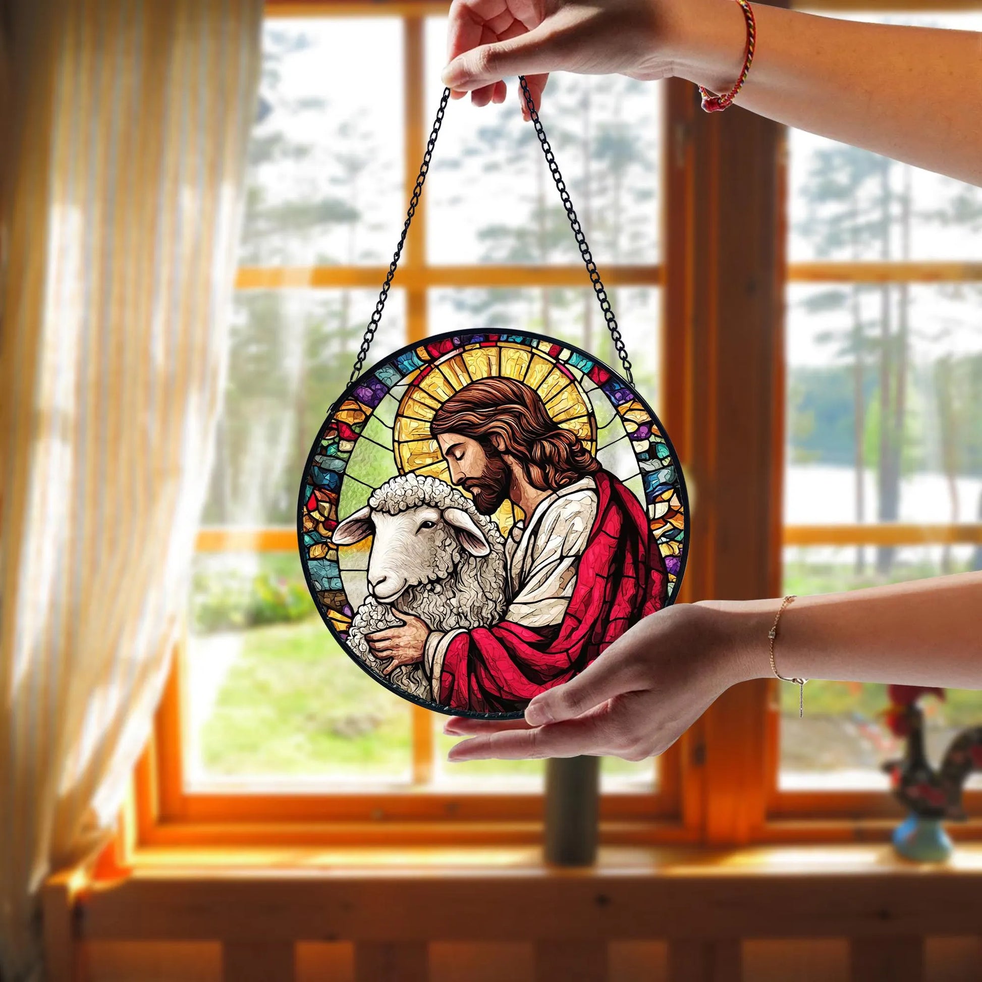 Handmade Stained Glass Suncatcher_ Jesus Leaves the 99, Christian Decor, Handcrafted Stained Glass Suncatcher, Vibrant Window Art Panel, Sunlit Light Catcher Decoration, Boho Room Decor, Gift for Home Lovers