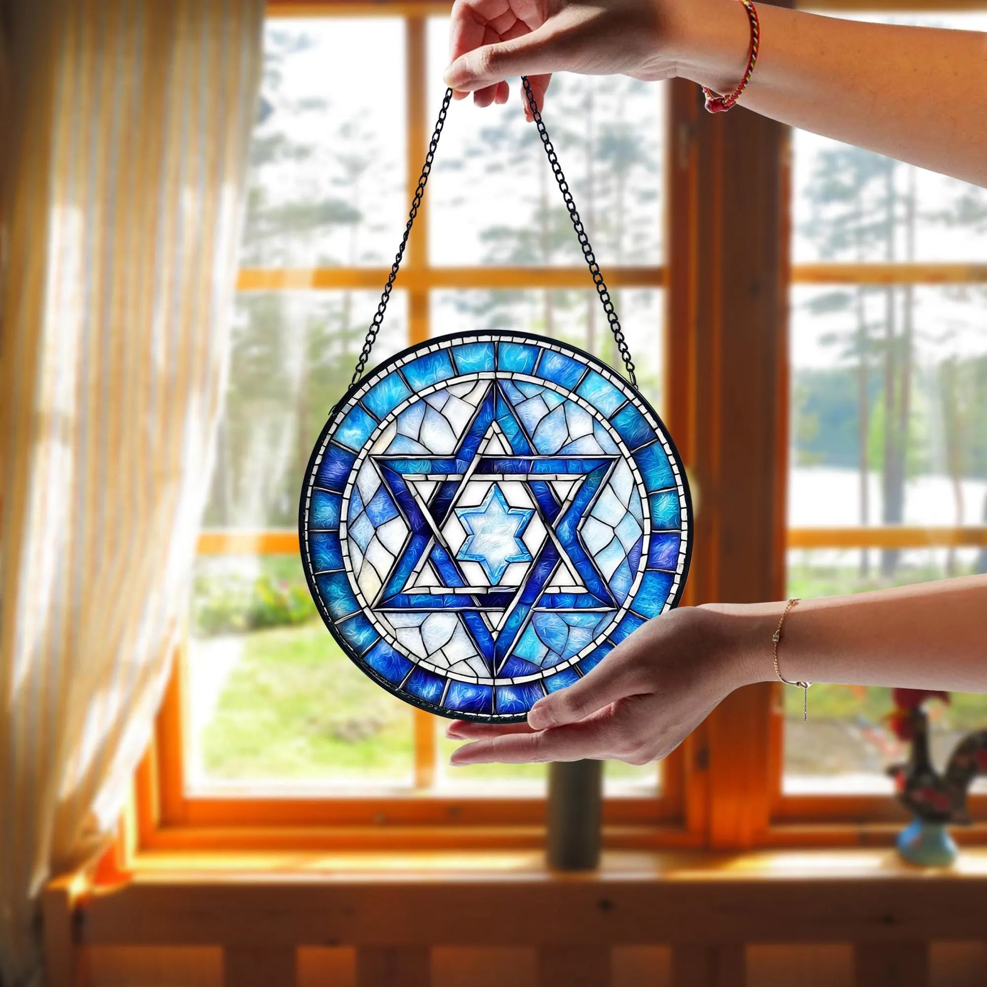Handmade Star of David Stained Glass Ornament_ Jewish Decor, Handcrafted Stained Glass Suncatcher, Vibrant Window Art Panel, Sunlit Light Catcher Decoration, Boho Room Decor, Gift for Home Lovers