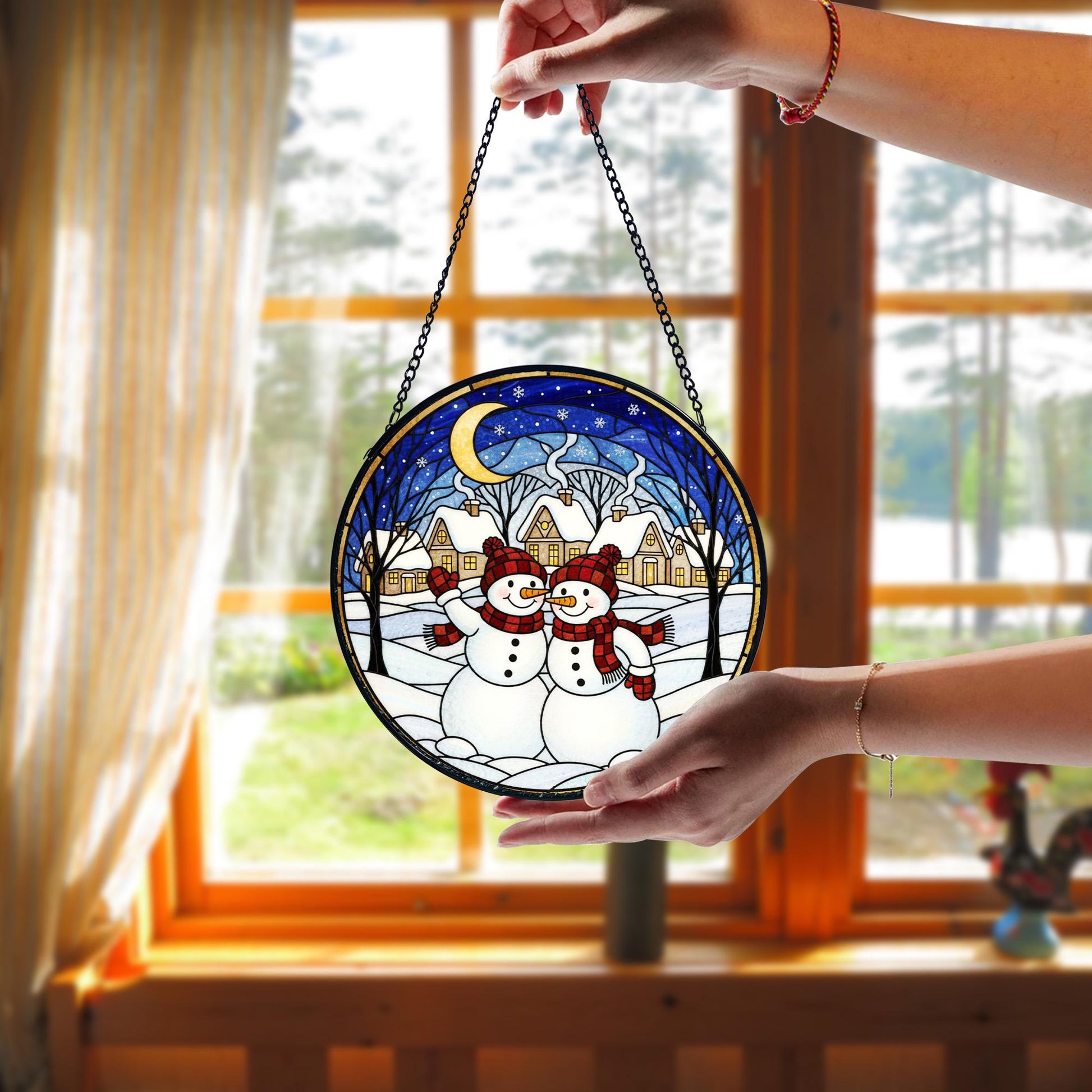 Snowman Couple Suncatcher_ Stained Glass Winter Window Decor, Stained Glass Style Clover Window Suncatcher, Acrylic Lucky Hanging Decor, Four Leaf Sun Catcher, Green Home Ornament