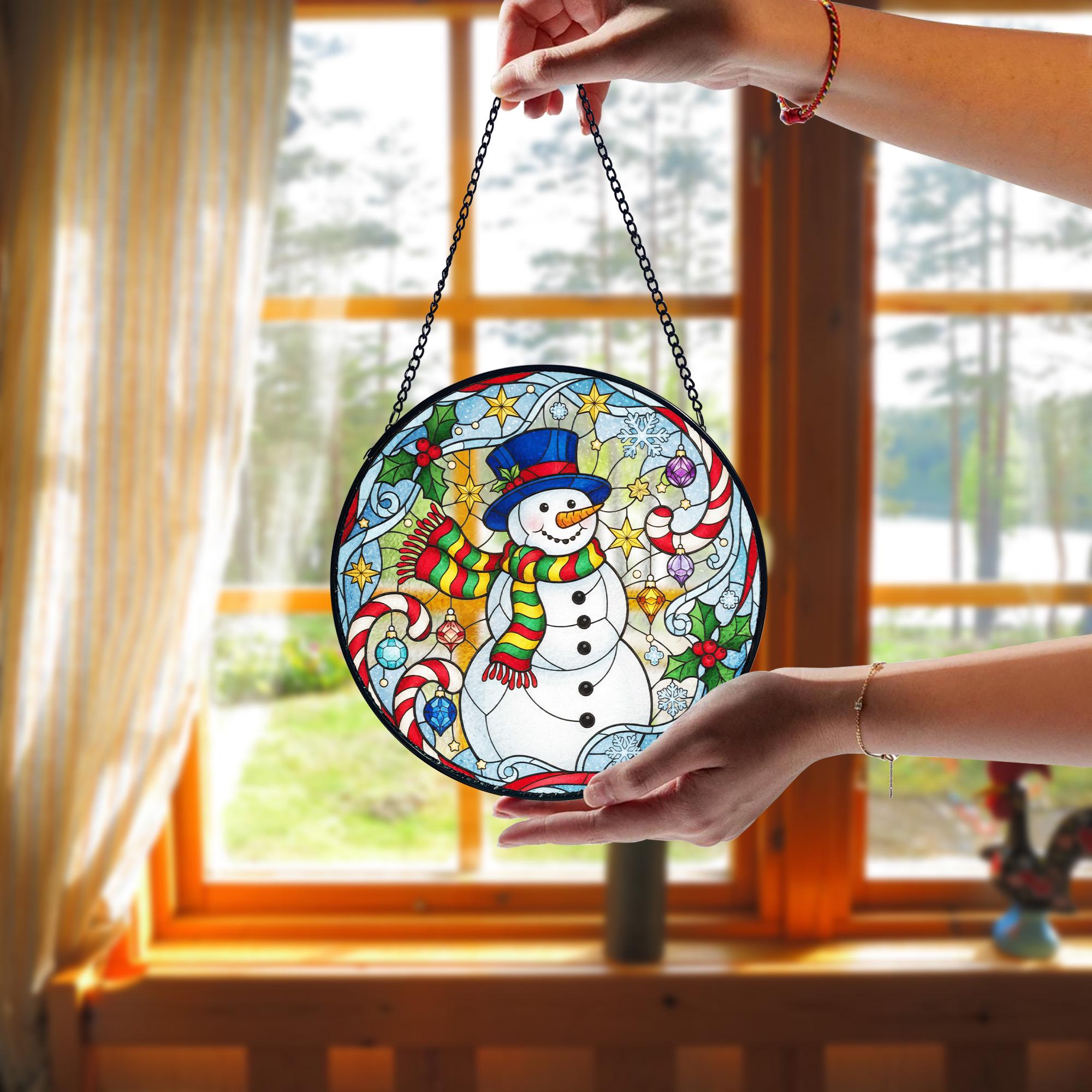 Snowman Christmas Suncatcher_ Stained Glass Style Holiday Window Hanging, Stained Glass Style Clover Suncatcher, Acrylic Window Hanging Decor, Four Leaf Lucky Ornament, Green Sun Catcher Panel, Unique Home Gift