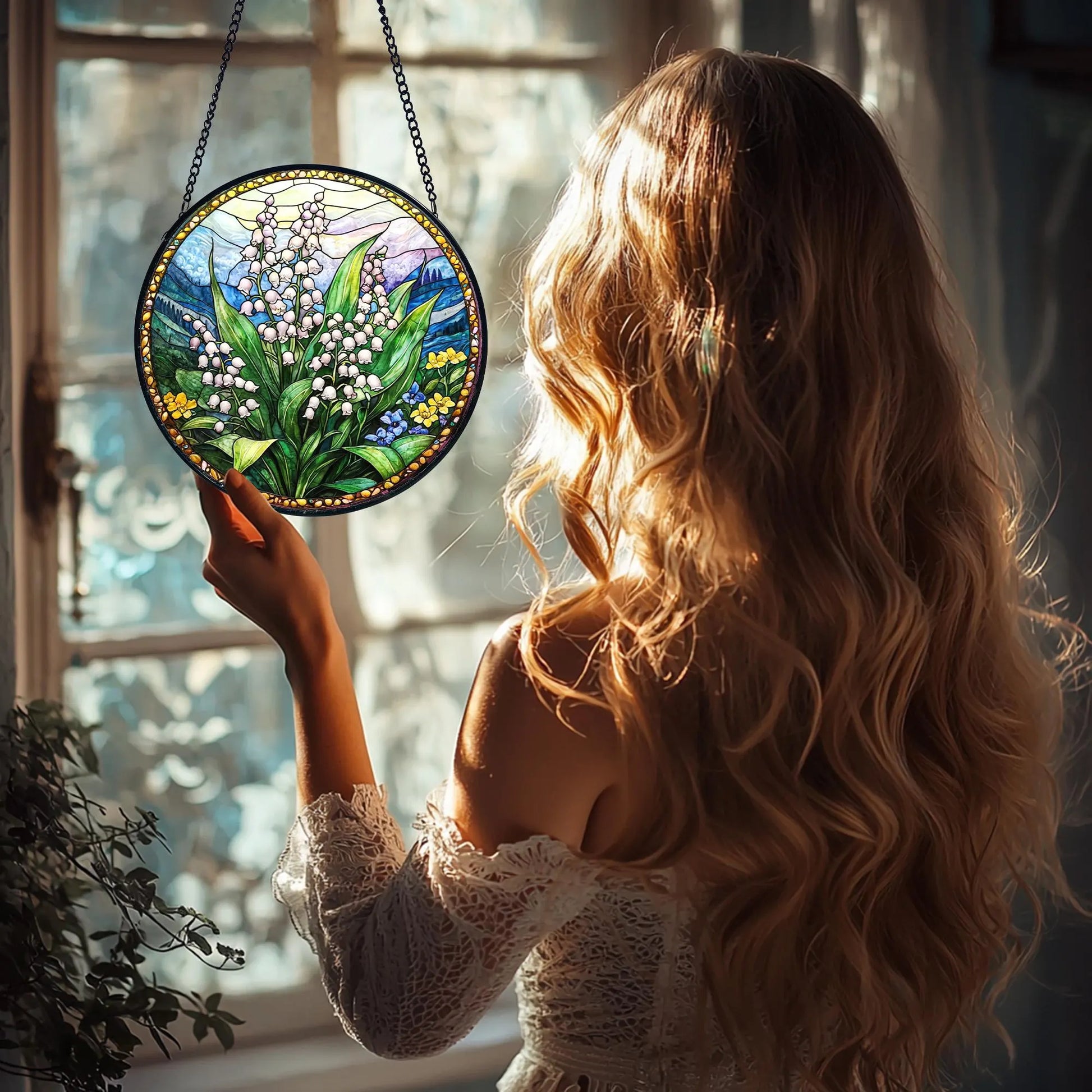 Lily of the Valley Stained Glass Suncatcher_ Floral Window Hanging, Acrylic Stained Glass Window Art, Handmade Sun Catcher Hanging Decor, Colorful Light Reflecting Panel, Unique Gift for Home
