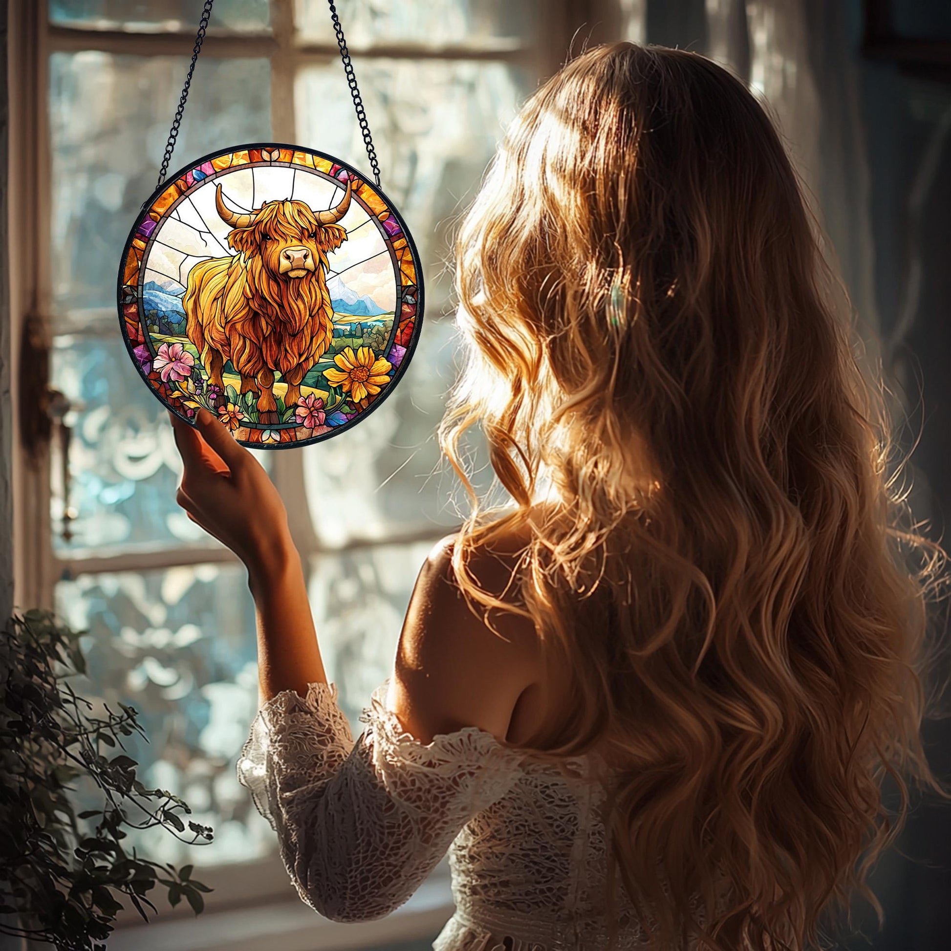 Highland Cow Faux Stained Glass Window Hanging_ Farmhouse Decor, Handcrafted Stained Glass Suncatcher, Vibrant Window Art Panel, Sunlit Light Catcher Decoration, Boho Room Decor, Gift for Home Lovers