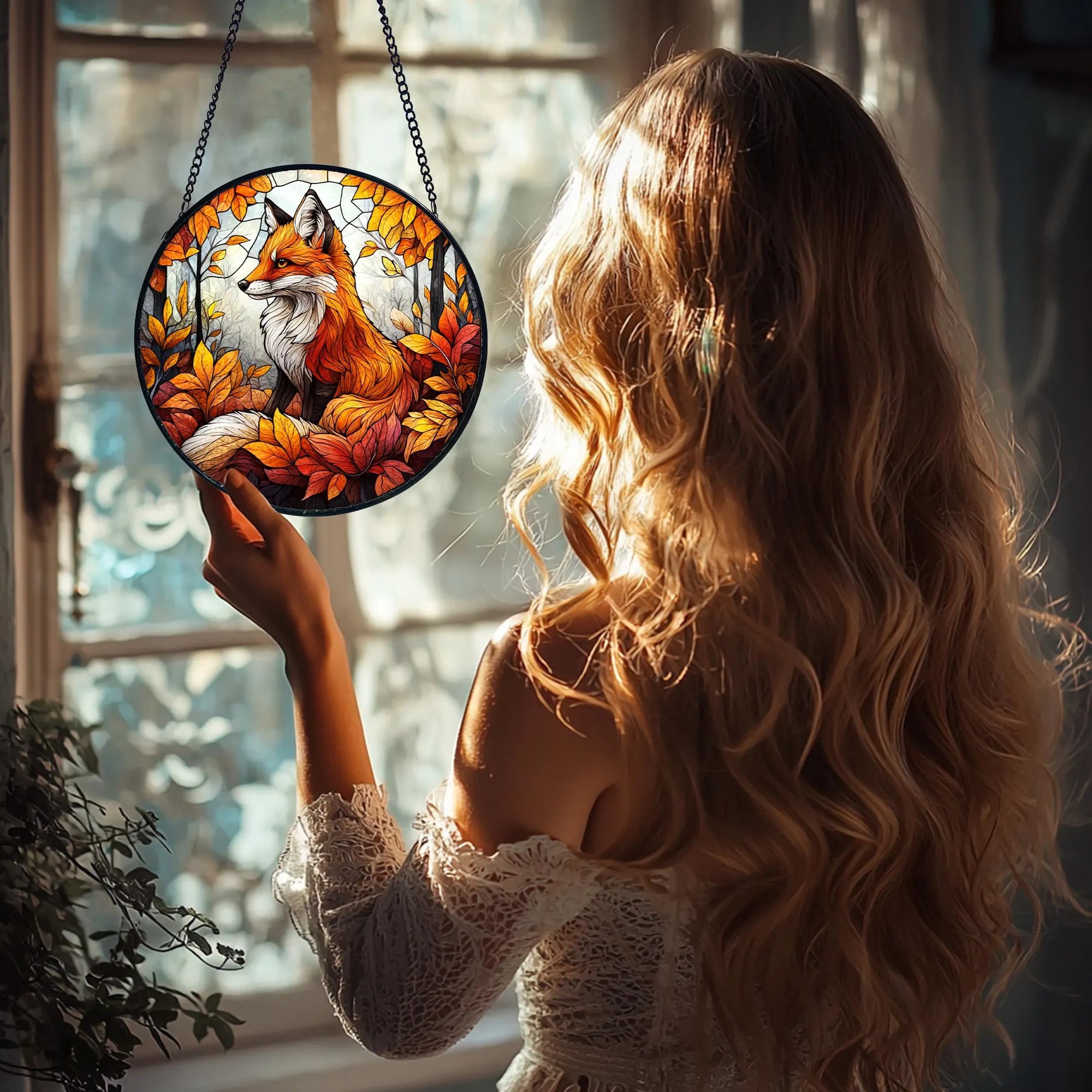 Fox Stained Glass Suncatcher_ Wildlife Window Hanging, Colorful Sun Catcher Ornament, Boho Window Decoration, Unique Gift