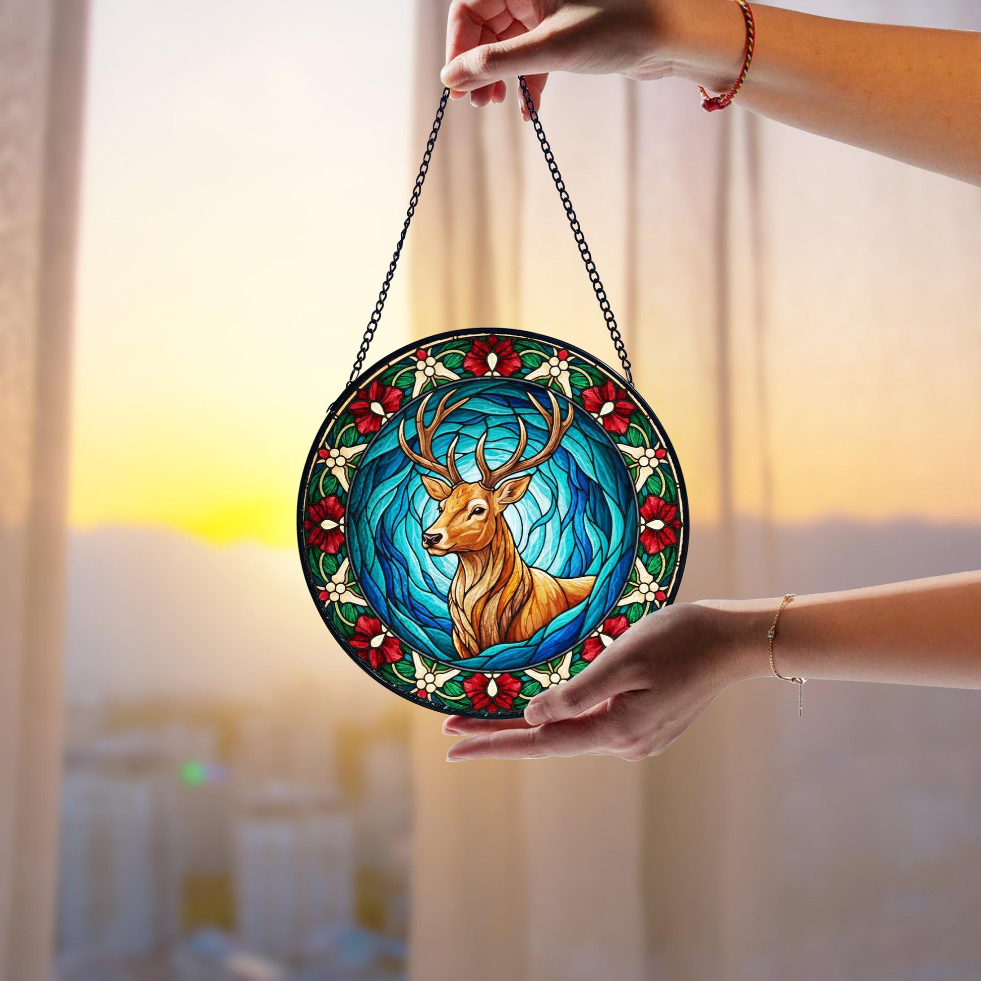 Stained Glass Style Deer Suncatcher, Holiday Home Decor, Stained Glass Style Clover Window Suncatcher, Acrylic Lucky Hanging Decor, Four Leaf Sun Catcher, Green Home Ornament