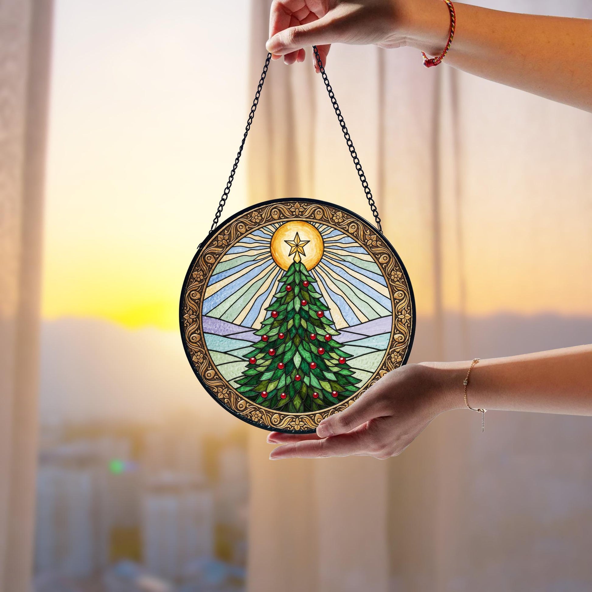 Golden Sun Christmas Tree Suncatcher, Stained Glass Style Window Hanging, Stained Glass Style Window Hanging Colorful Sun Catcher Ornament, Boho Window Decoration, Unique Gift