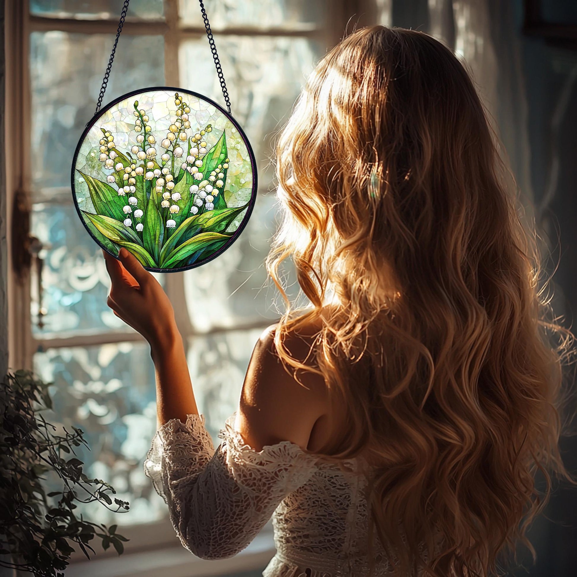 Handmade Lily of the Valley Stained Glass Suncatcher_ Floral Window Decor, Stained Glass Suncatcher Window Hanging, Handmade Glass Art Decor, Colorful Sun Catcher Ornament, Boho Window Decoration, Unique Gift