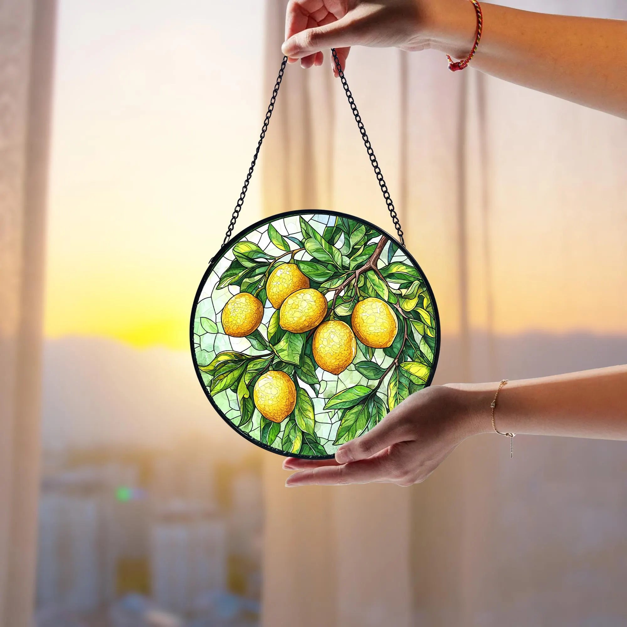 Lemon Branch Stained Glass Suncatcher_ Handmade Window Art, Acrylic Stained Glass Window Art, Handmade Sun Catcher Hanging Decor, Colorful Light Reflecting Panel, Unique Gift for Home