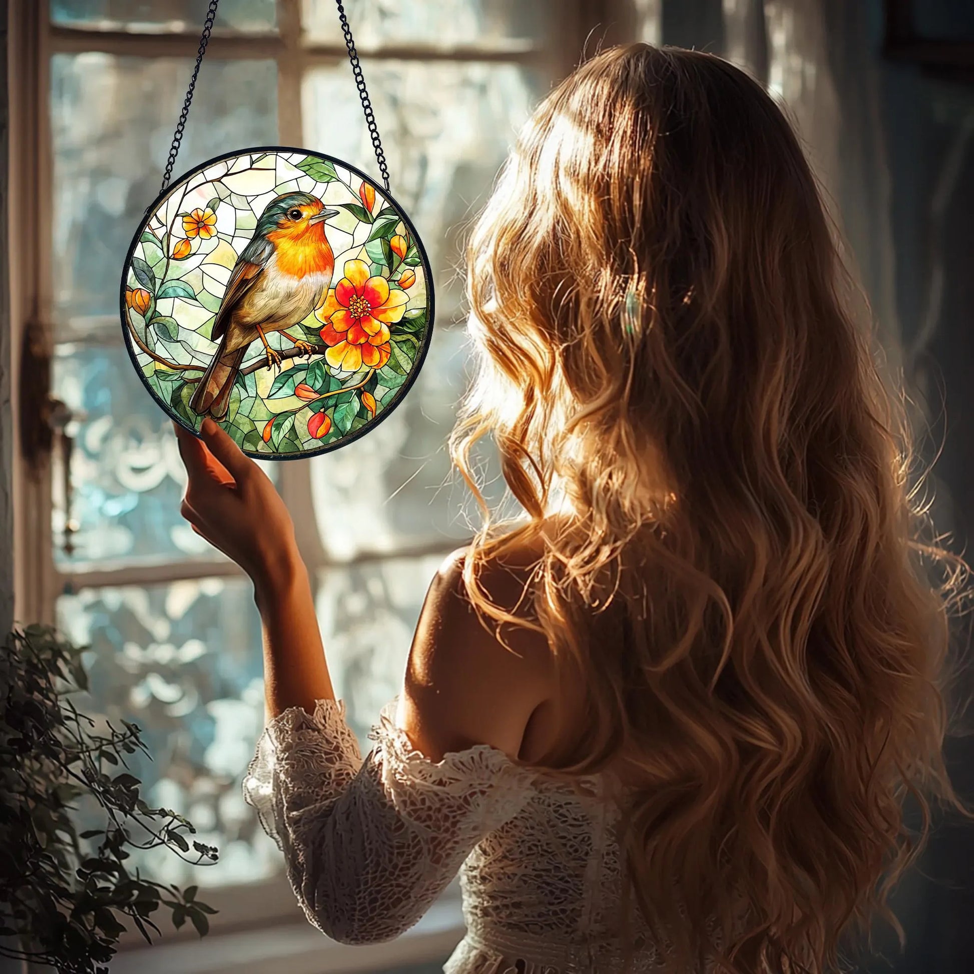 Robin Bird Stained Glass Suncatcher_ Floral Window Hanging, Artistic Stained Glass Acrylic Panel, Window Light Catcher Hanging, Colorful Home Decor Accent, Handmade Gift for Any Occasion