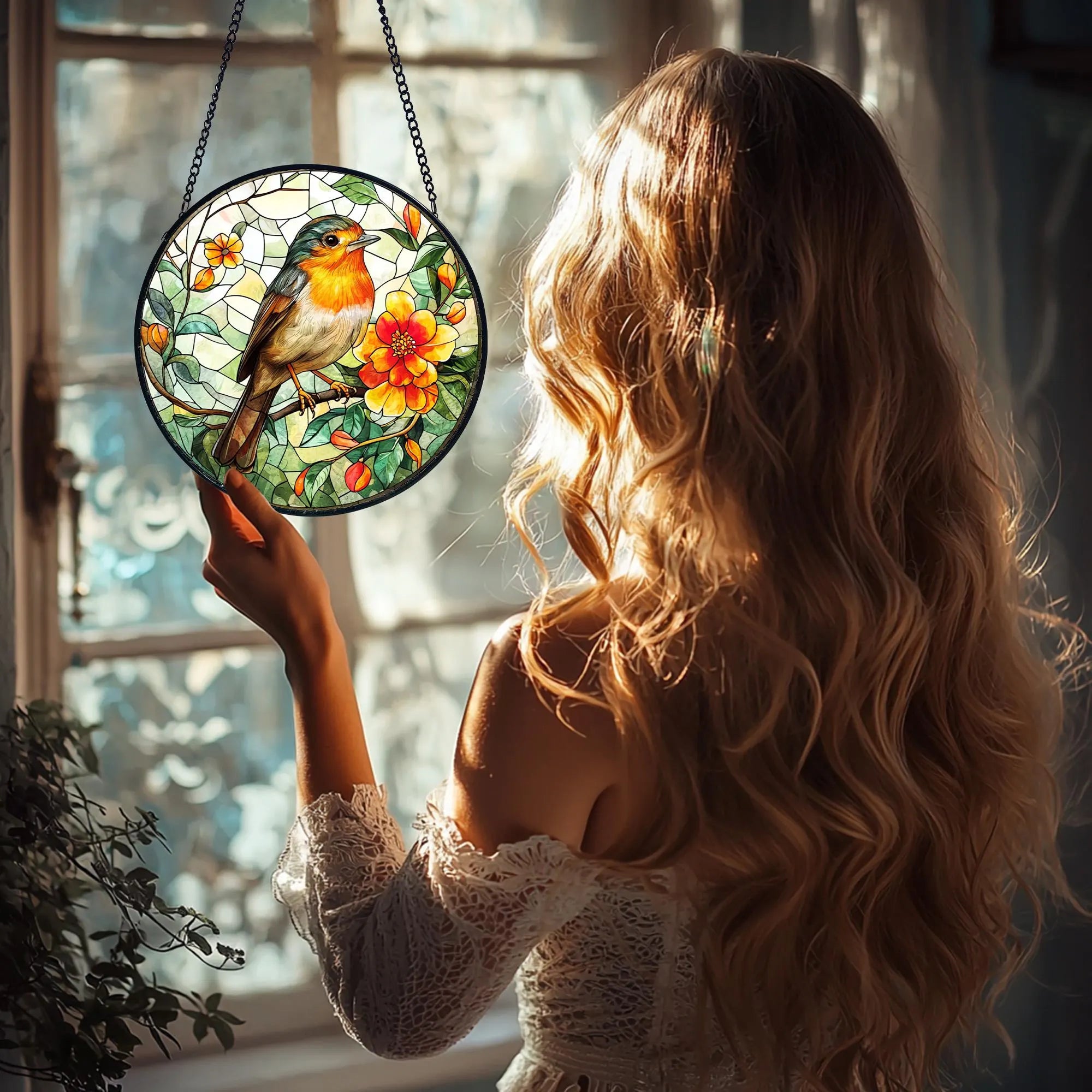Robin Bird Stained Glass Suncatcher_ Floral Window Hanging, Artistic Stained Glass Acrylic Panel, Window Light Catcher Hanging, Colorful Home Decor Accent, Handmade Gift for Any Occasion