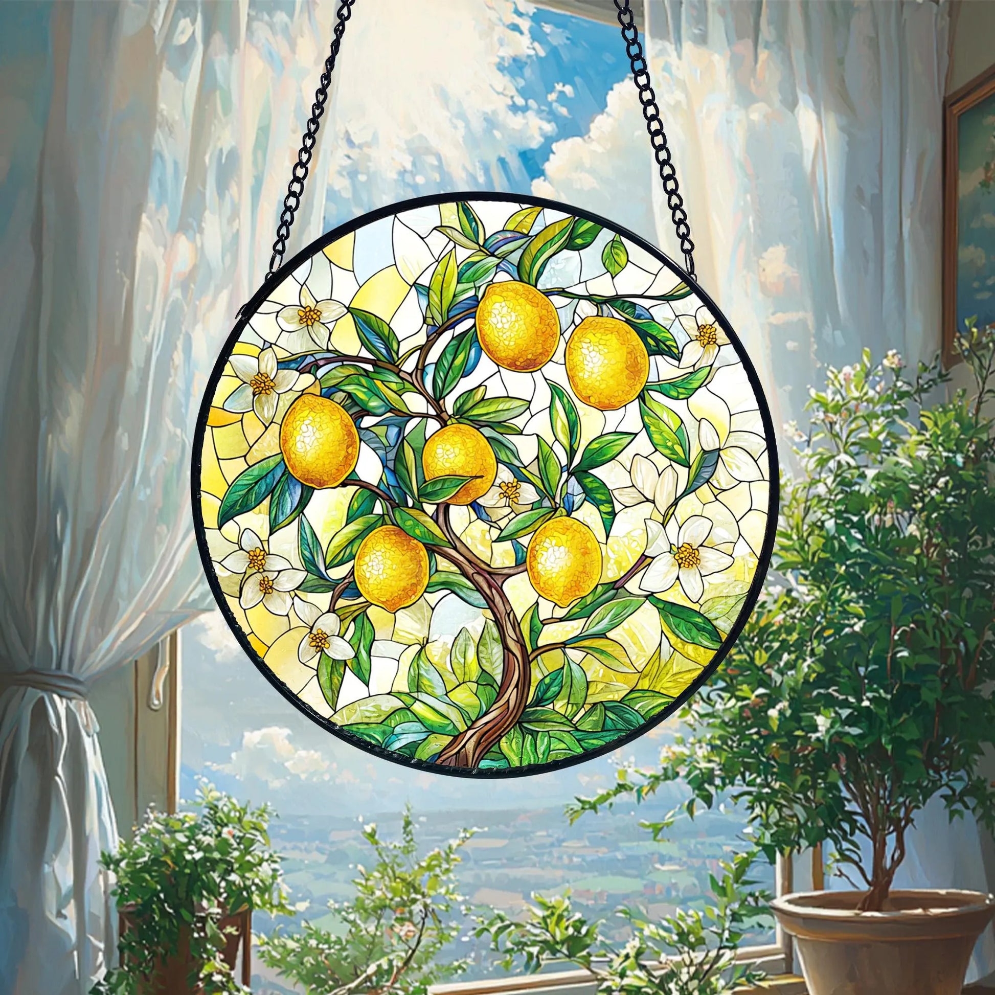 Lemon Branch Stained Glass Suncatcher_ Handmade Window Ornament, Acrylic Stained Glass Sun Catcher, Decorative Window Hanging Art, Colorful Light Reflecting Ornament, Artisan Home Decor Gift