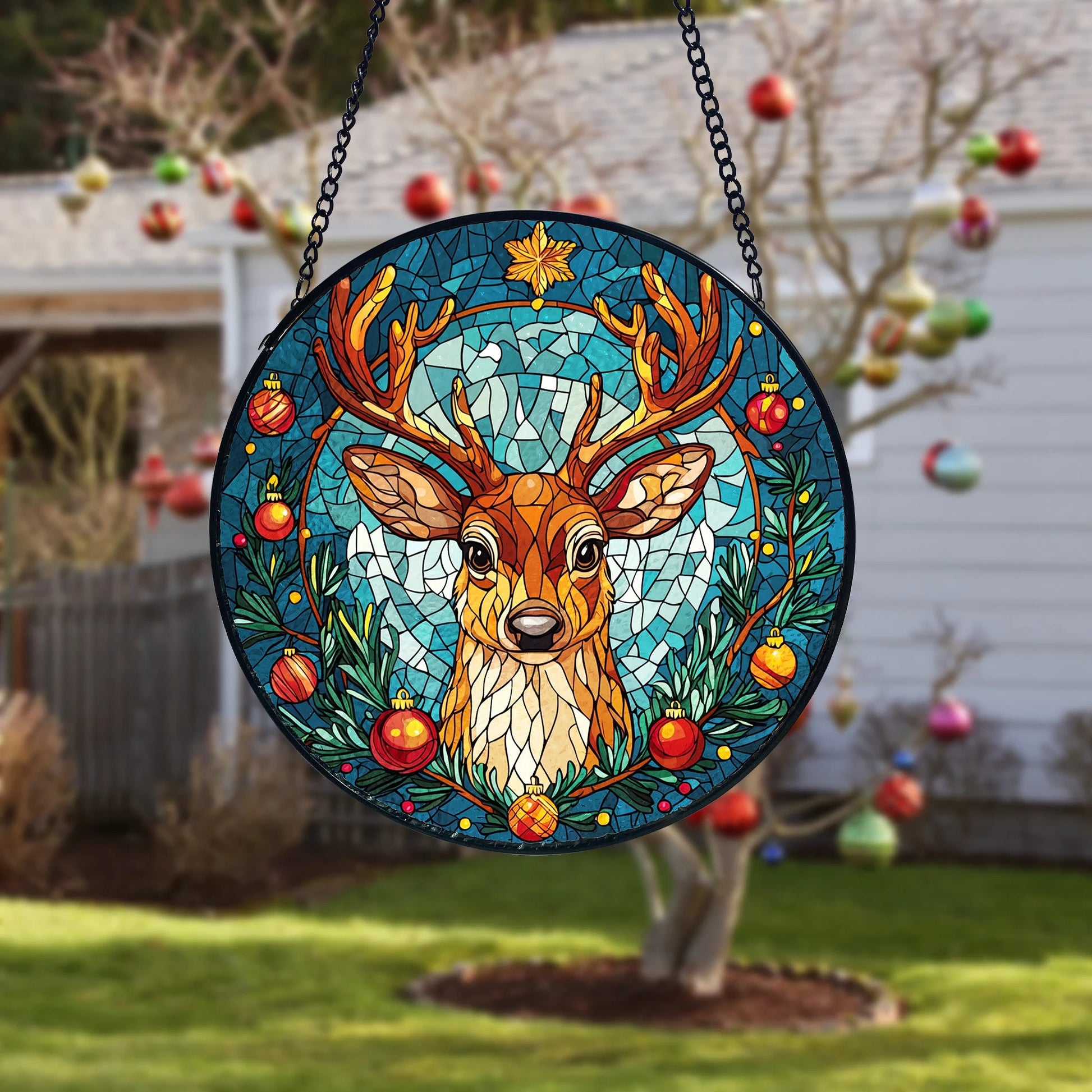 Vintage Reindeer Stained Glass Suncatcher_ Christmas Window Decor, Decorative Stained Glass Style Suncatcher, Acrylic Window Art Panel, Sun Catcher Hanging Ornament, Unique Home Accent, andmade Home Decoration