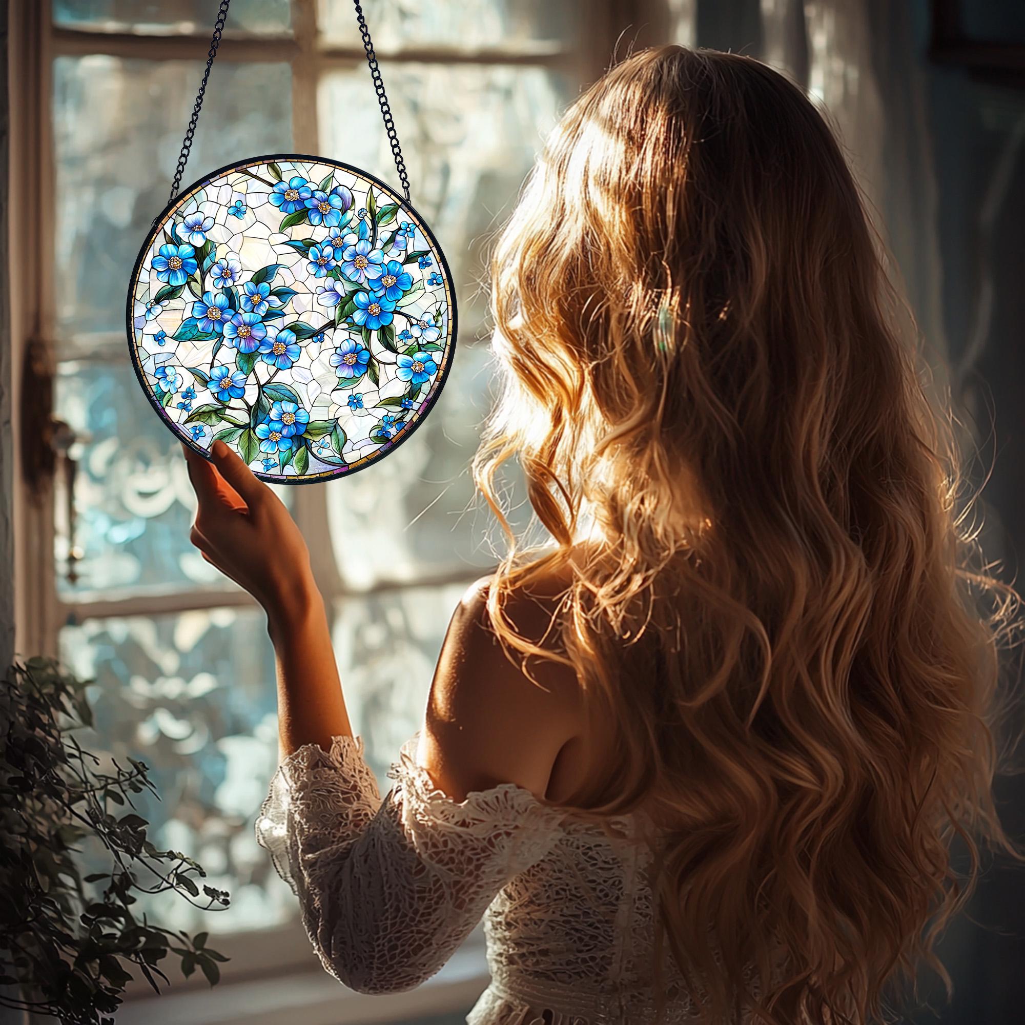 Forget-me-not Stained Glass Suncatcher_ Handmade Floral Window Decor, Colorful Sun Catcher Ornament, Boho Window Decoration, Unique Gift