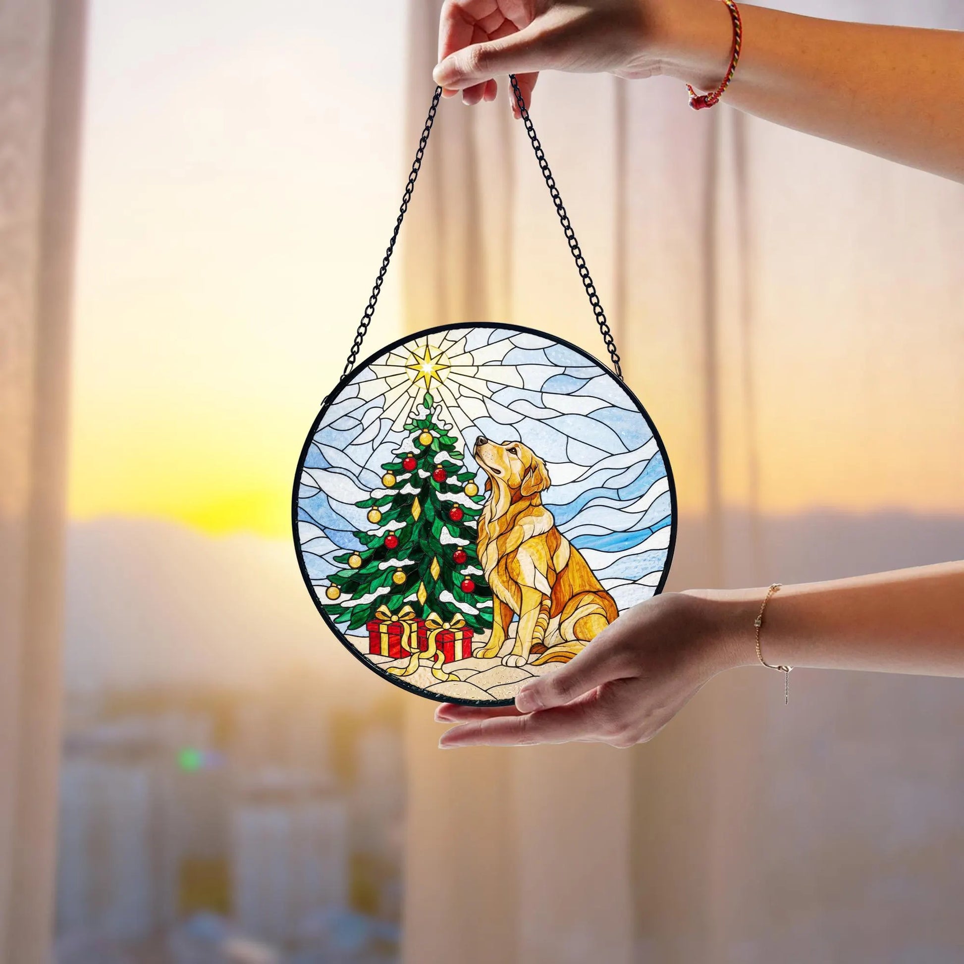 Golden Retriever Christmas Suncatcher_ Stained Glass Window Decor, Colorful Sun Catcher Ornament, Boho Window Decoration, Unique Gift