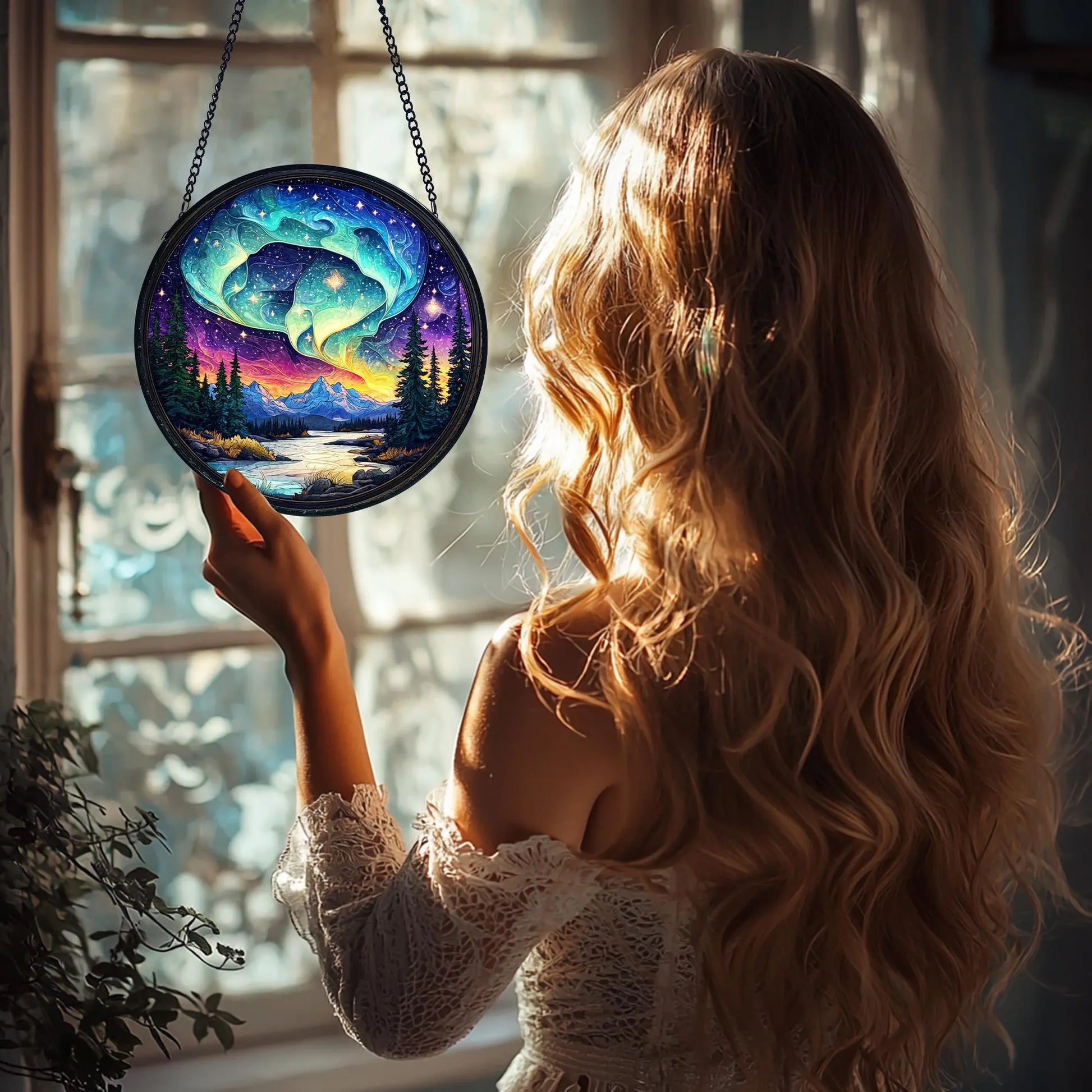 Handmade Aurora Borealis Stained Glass Suncatcher_ Northern Lights Decor, Boho Window Decoration, Unique Gift