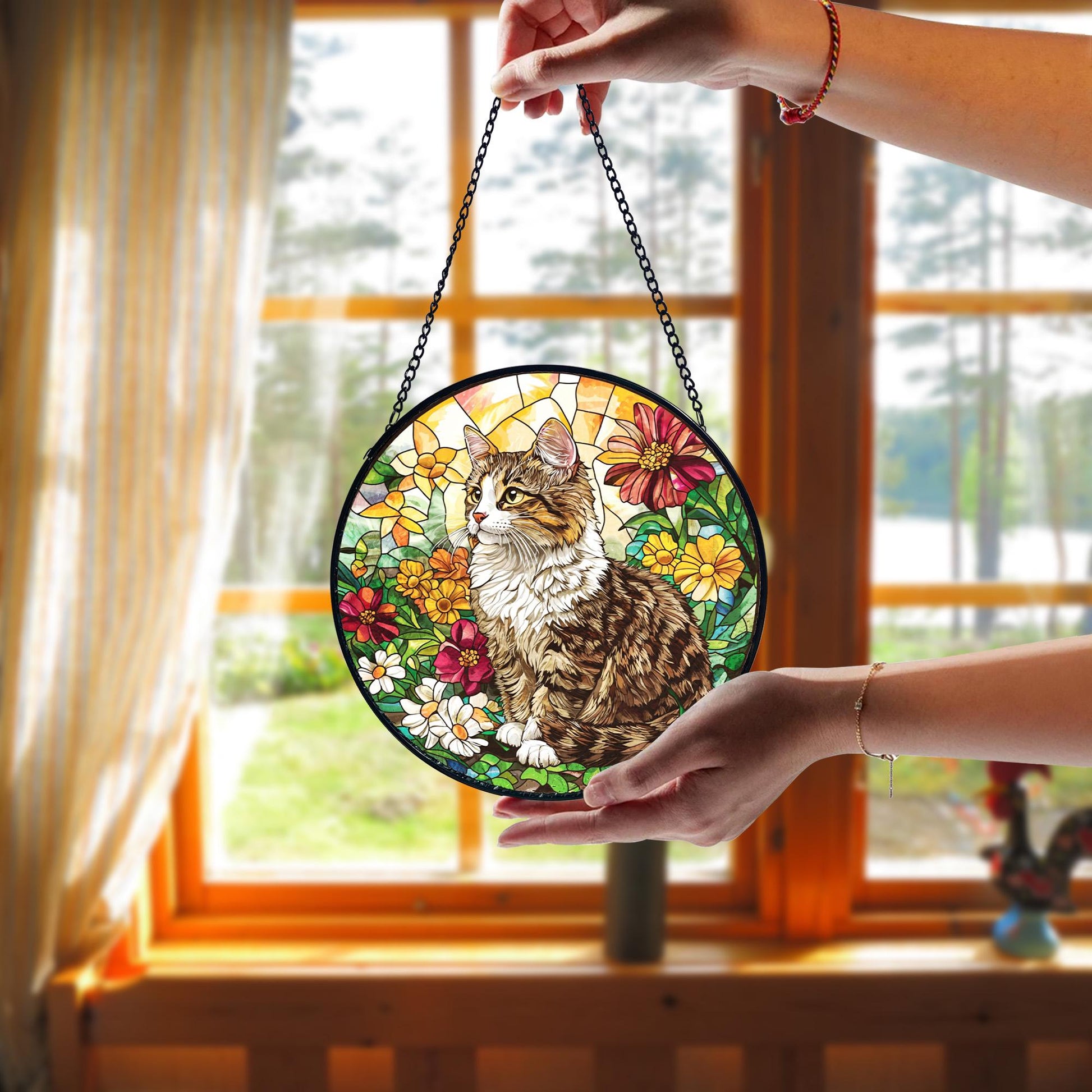Tabby Cat Stained Glass Suncatcher_ Handmade Feline Window Decor, Decorative Stained Glass Style Suncatcher, Acrylic Window Art Panel, Sun Catcher Hanging Ornament, Unique Home Accent, andmade Home Decoration