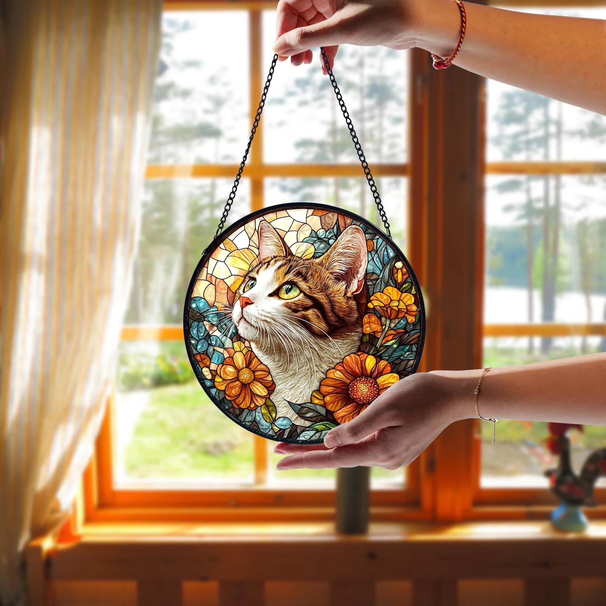 Tabby Cat Stained Glass Suncatcher_ Feline Window Decor, Decorative Stained Glass Style Suncatcher, Acrylic Window Art Panel, Sun Catcher Hanging Ornament, Unique Home Accent, andmade Home Decoration