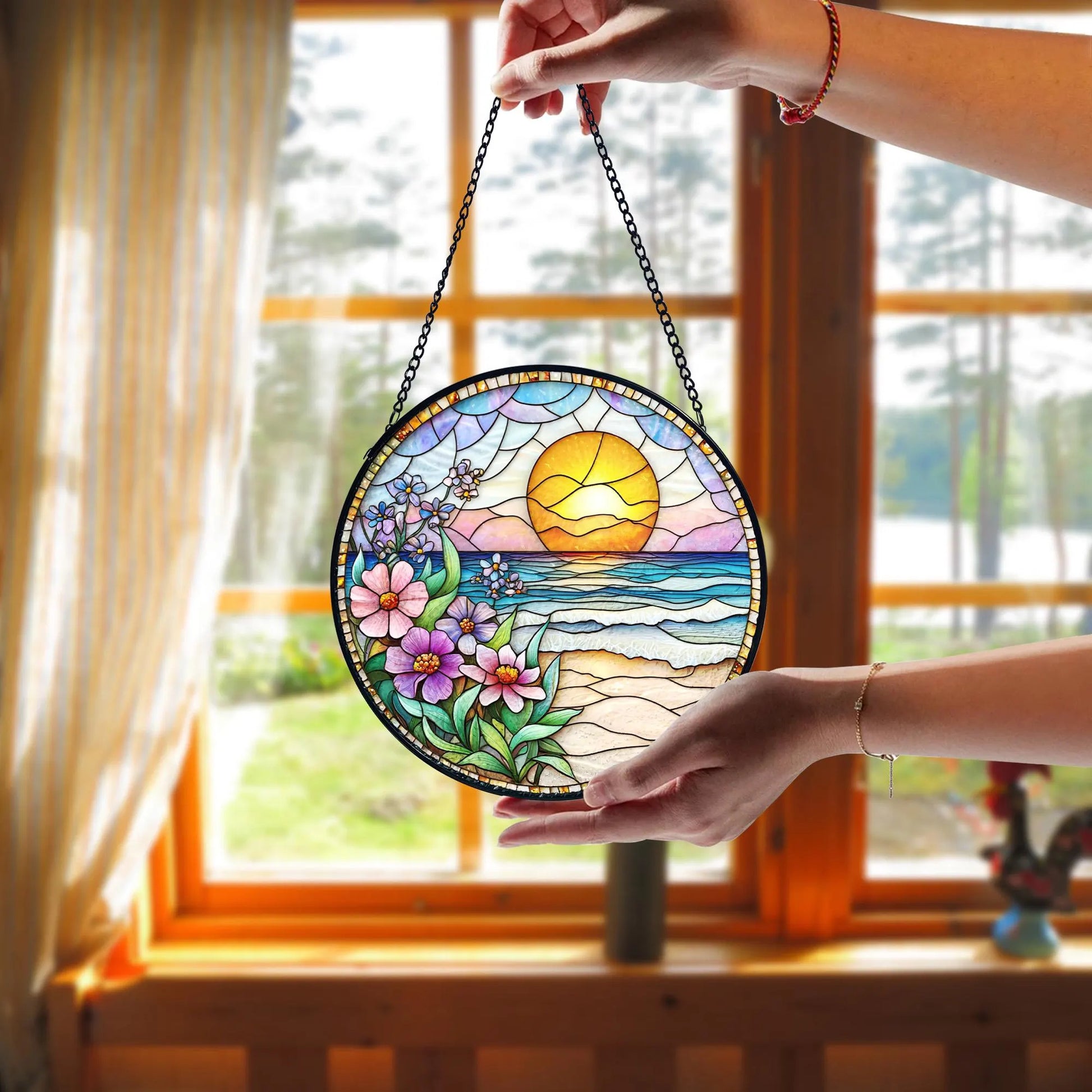 Handmade Beach Sunset Stained Glass Window Hanging_ Coastal Decor, Stained Glass Suncatcher Window Hanging, Handmade Glass Art Decor, Colorful Sun Catcher Ornament, Boho Window Decoration, Unique Gift