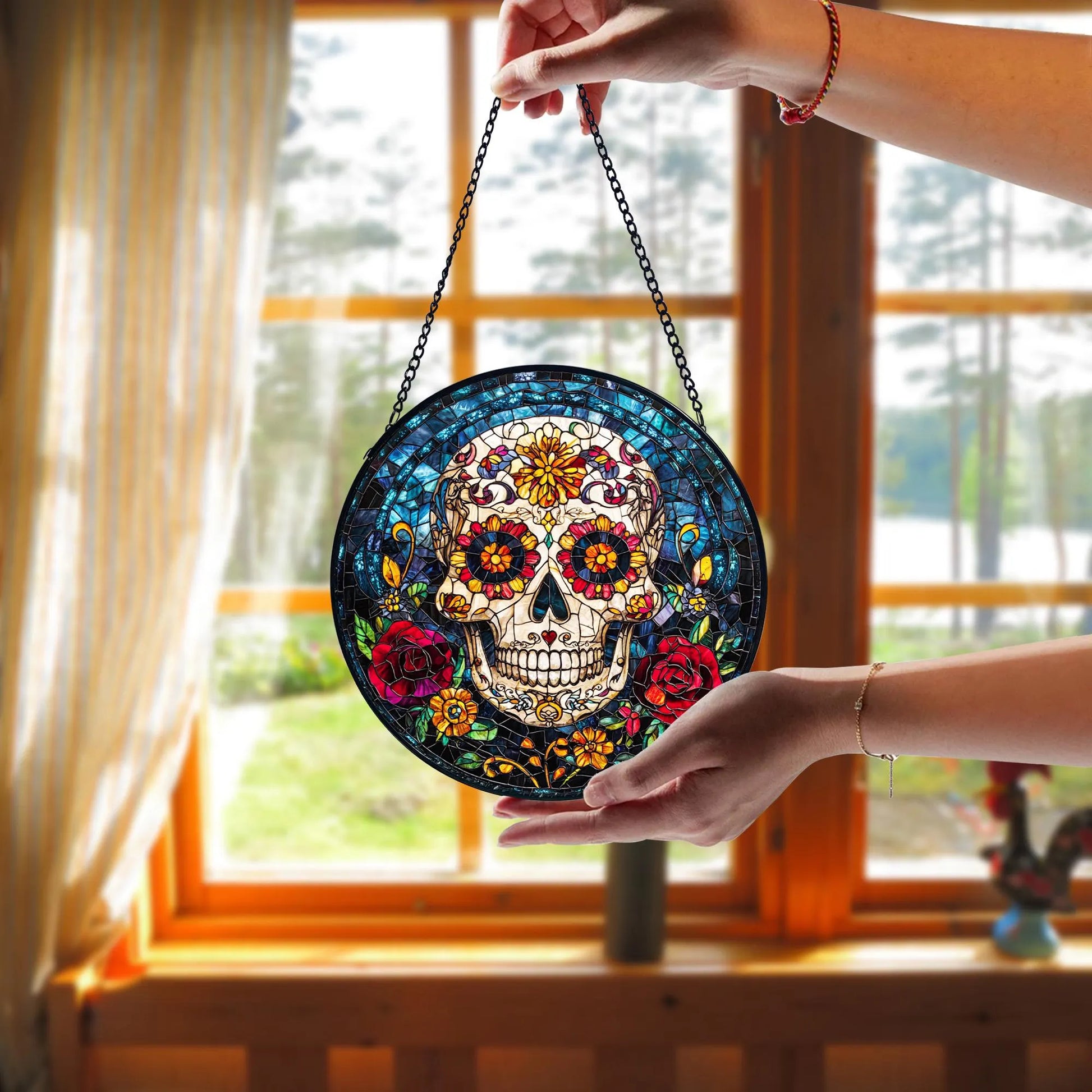 Stained Glass Style Sugar Skull Ornament, Sugar Skull Acrylic Window Hanging, Colorful Day of the Dead Decor, Sugar Skull Suncatcher Gifts, Acrylic Stained Glass Clover Suncatcher, Lucky Window Hanging, Boho Green Ornament, Unique Artisan Home Decor