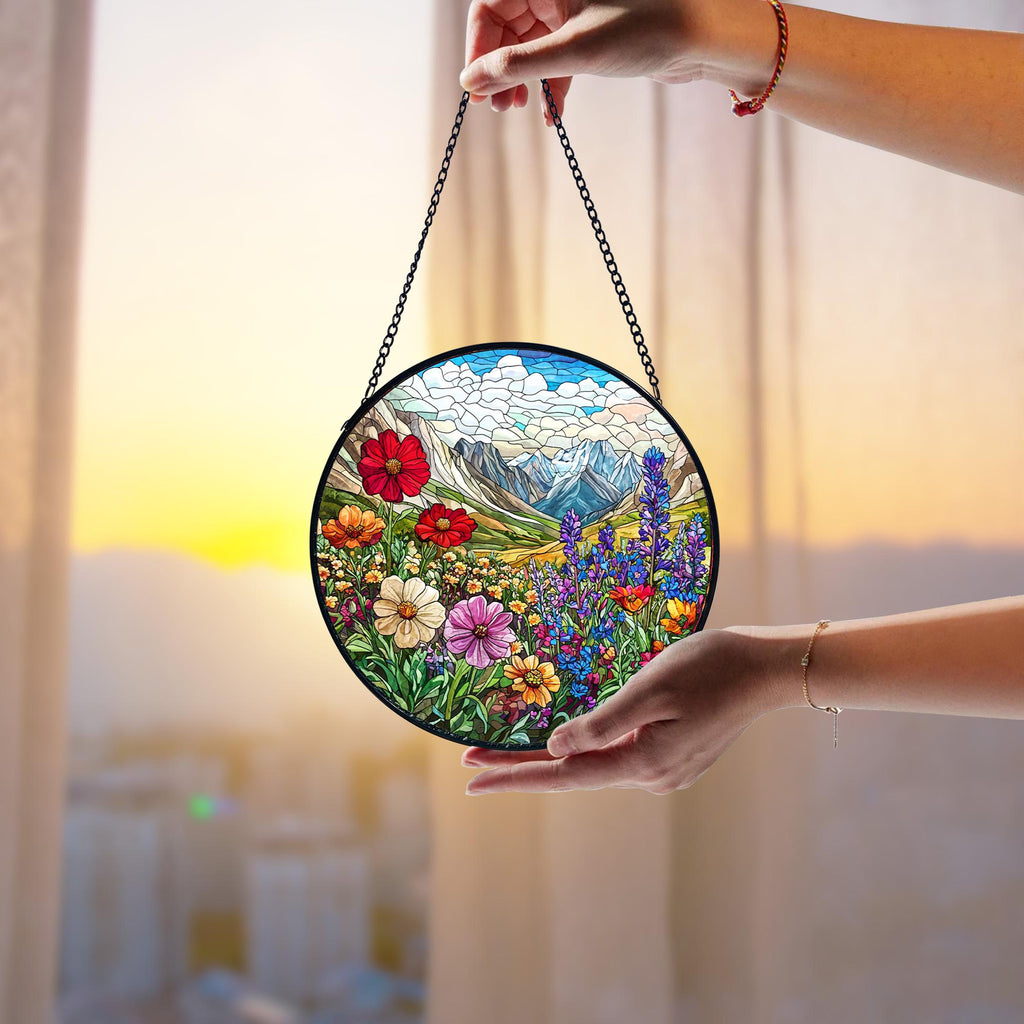 Handmade Stained Glass Wildflower Suncatcher_ Mountain Meadow Window Art, Handcrafted Stained Glass Suncatcher, Vibrant Window Art Panel, Sunlit Light Catcher Decoration, Boho Room Decor, Gift for Home Lovers