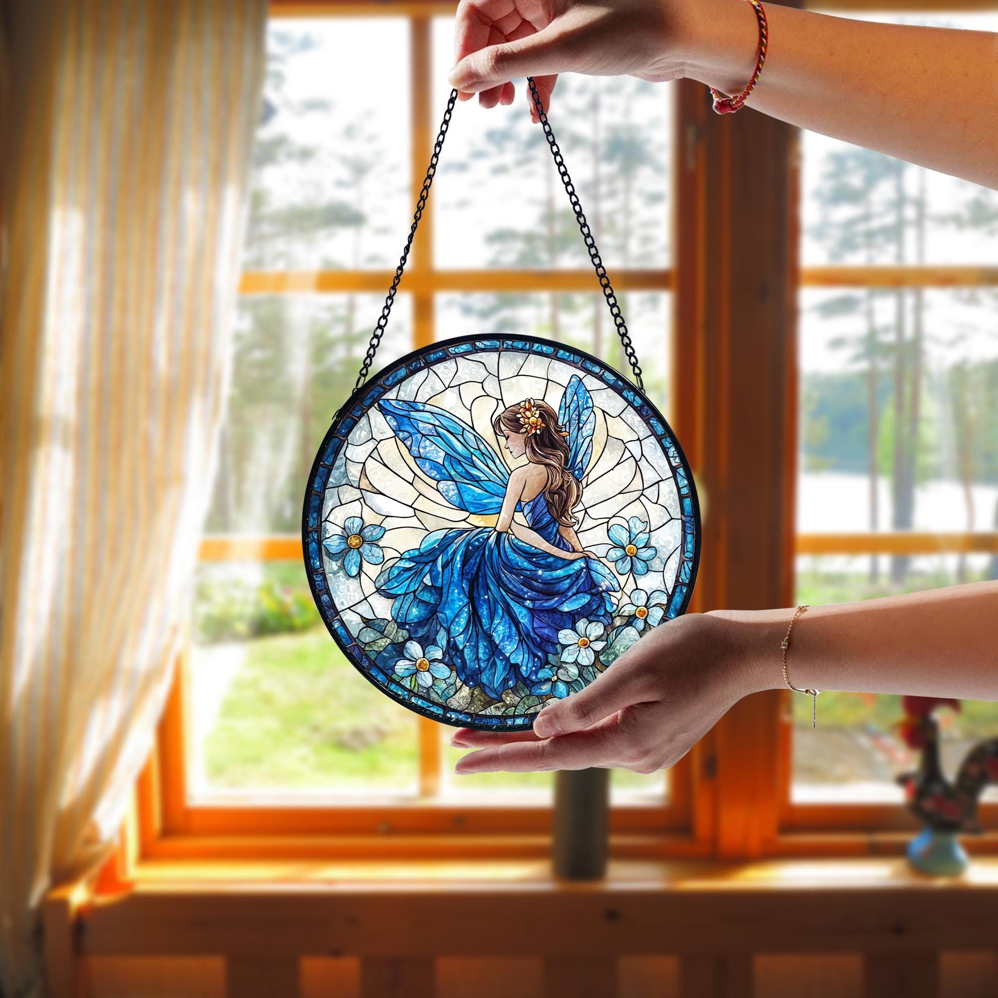 Fairy Stained Glass Suncatcher_ Whimsical Window Hanging, Colorful Sun Catcher Ornament, Boho Window Decoration, Unique Gift
