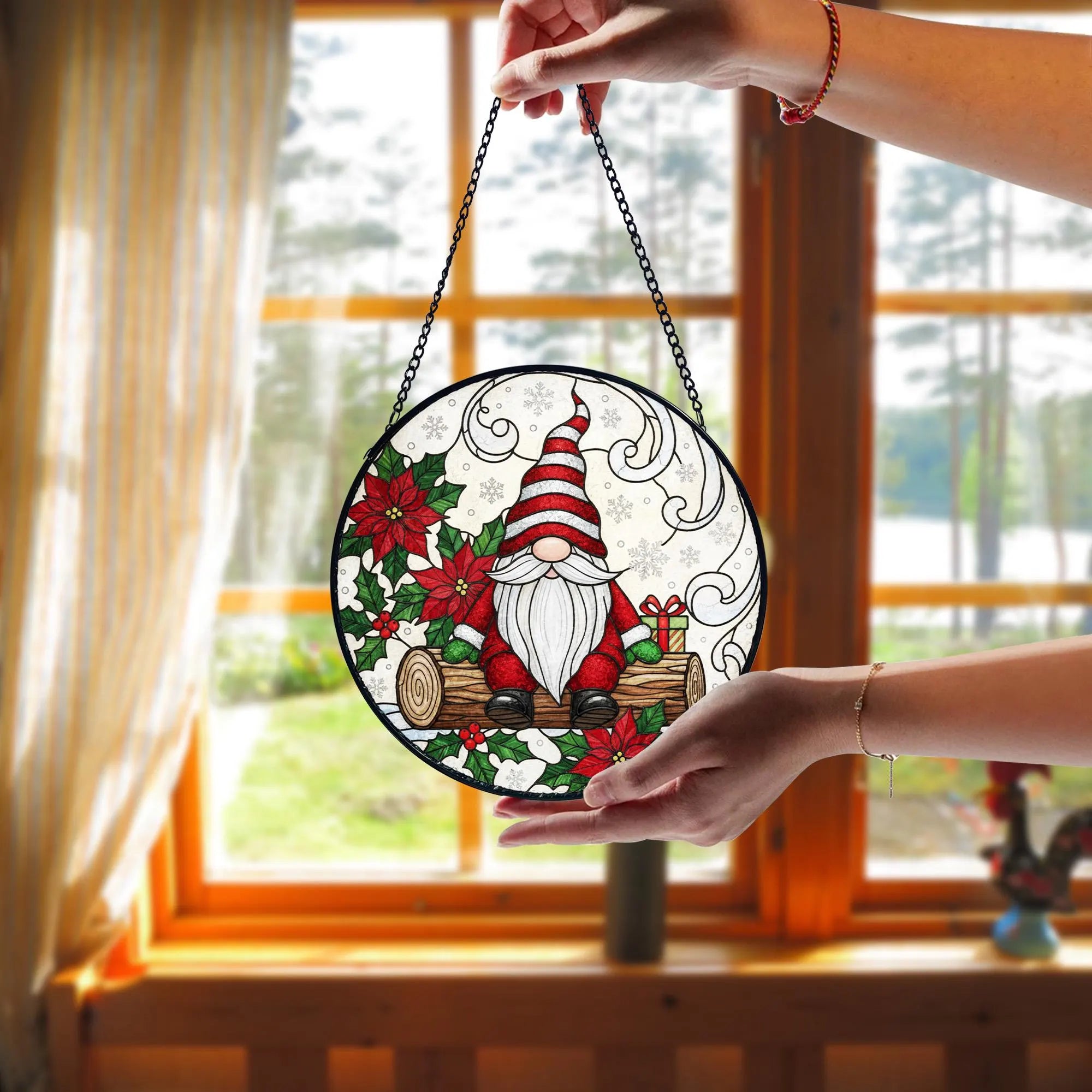 Christmas Gnome Suncatcher_ Nordic Stained Glass Window Hanging, Colorful Sun Catcher Ornament, Boho Window Decoration, Unique Gift