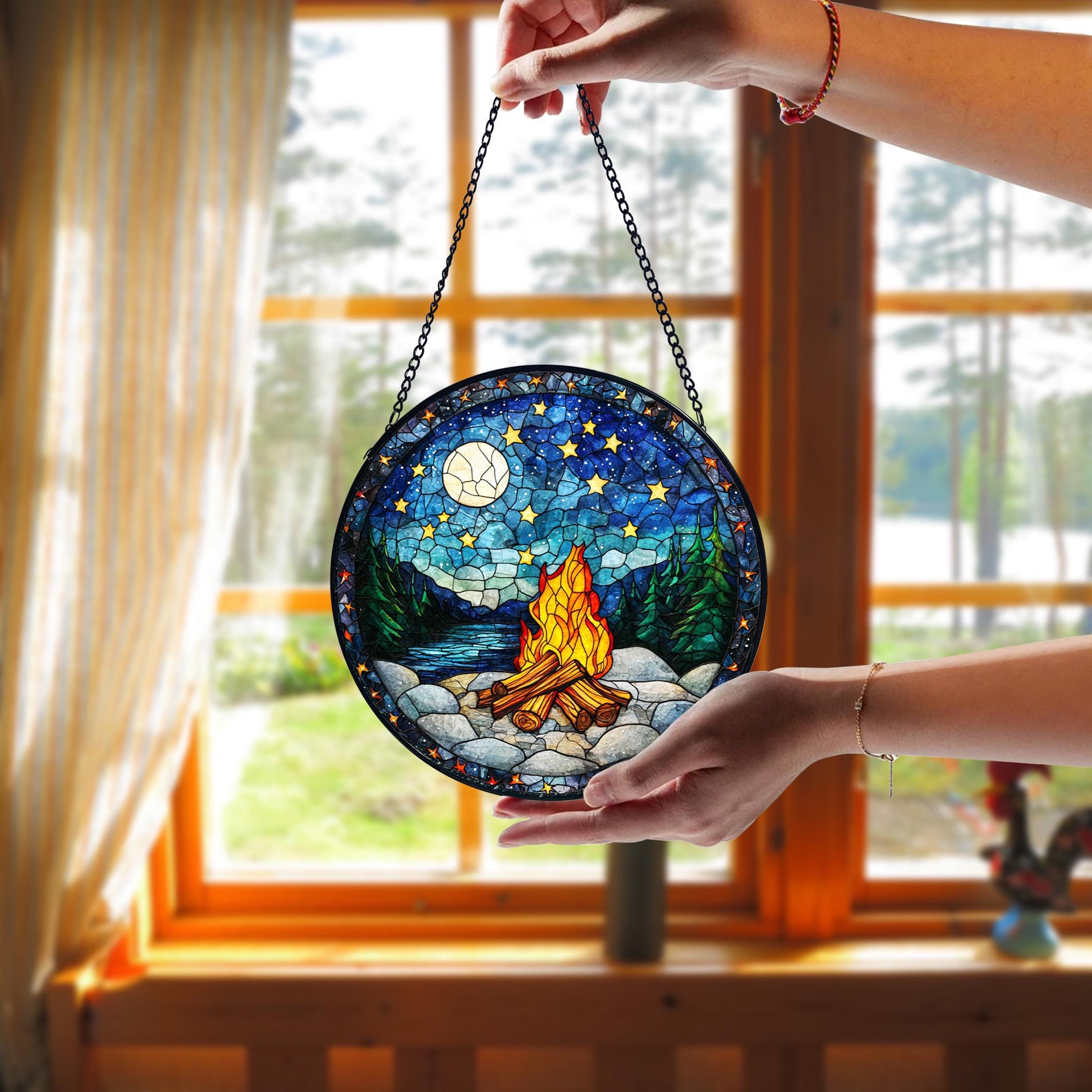 Handmade Starry Campfire Faux Stained Glass Suncatcher_ Rustic Outdoor Decor, Handcrafted Stained Glass Suncatcher, Vibrant Window Art Panel, Sunlit Light Catcher Decoration, Boho Room Decor, Gift for Home Lovers