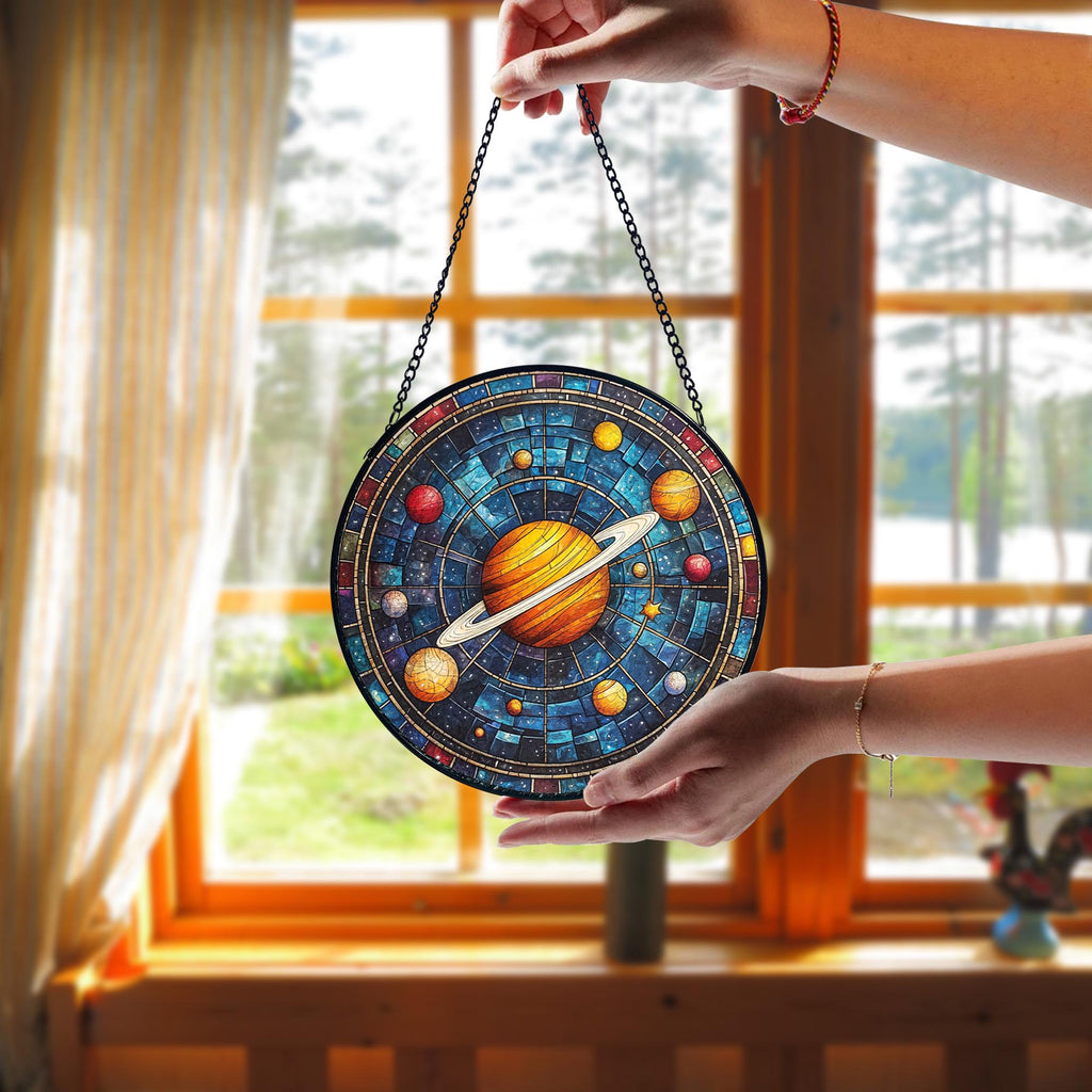 Solar System Stained Glass Suncatcher_ Handmade Galaxy Window Hanging, Stained Glass Style Clover Suncatcher, Acrylic Window Hanging Decor, Four Leaf Lucky Ornament, Green Sun Catcher Panel, Unique Home Gift