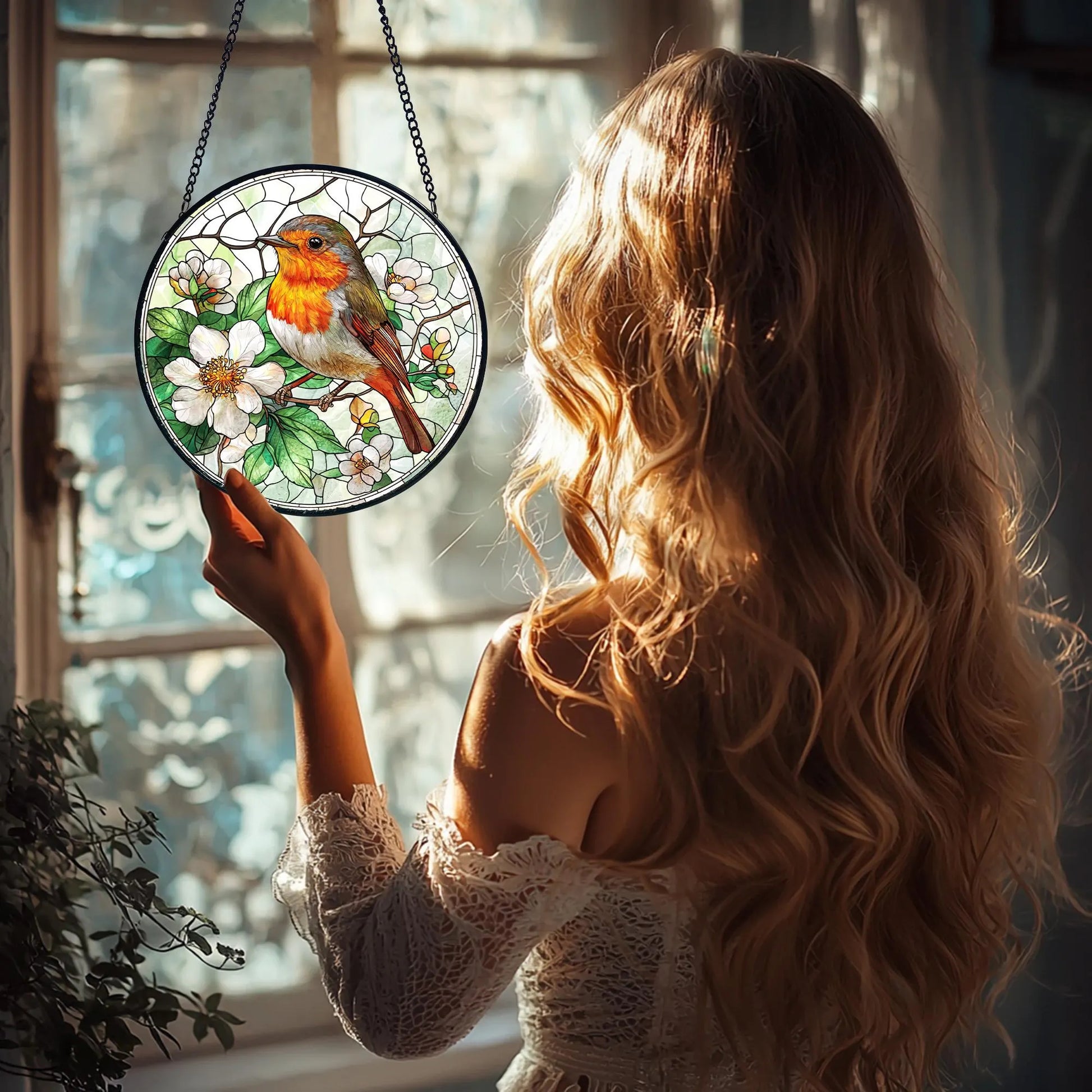 Robin Bird Stained Glass Suncatcher_ Window Hanging Decor, Artistic Stained Glass Acrylic Panel, Window Light Catcher Hanging, Colorful Home Decor Accent, Handmade Gift for Any Occasion