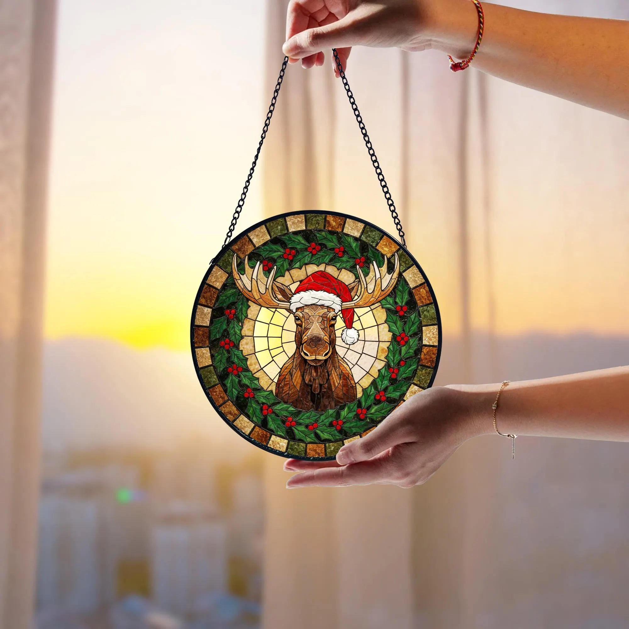 Christmas Moose Stained Glass Suncatcher_ Rustic Holiday Window, Colorful Sun Catcher Ornament, Boho Window Decoration, Unique Gift