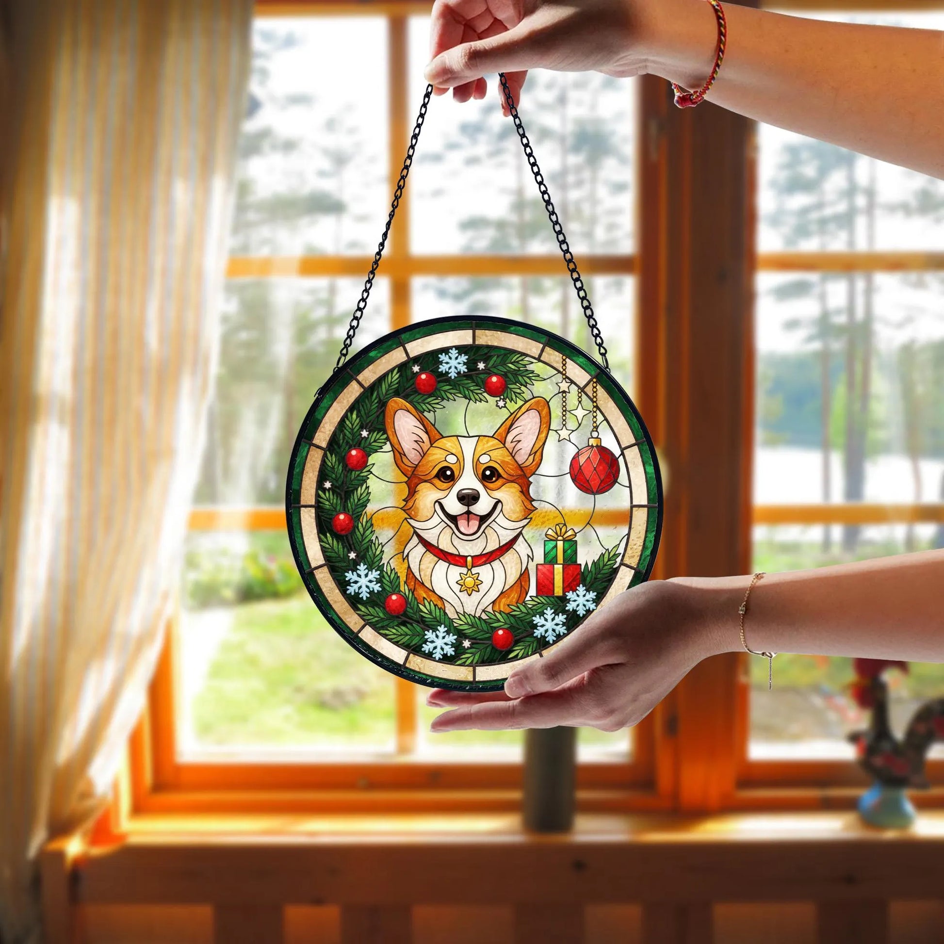 Corgi Christmas Suncatcher_ Stained Glass Window Hanging, Colorful Sun Catcher Ornament, Boho Window Decoration, Unique Gift