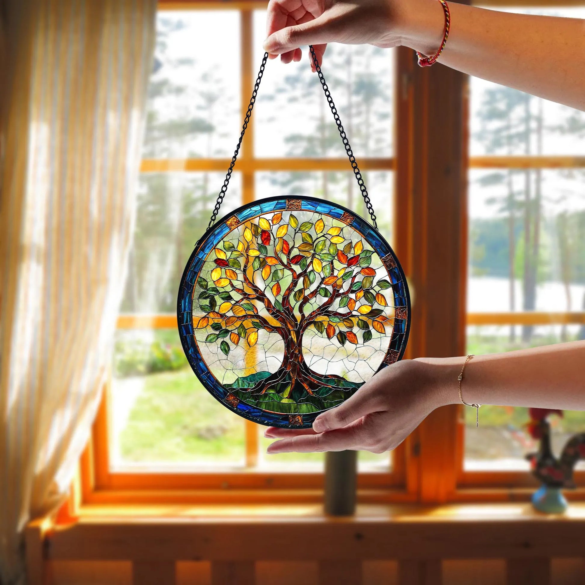 Stained Glass Tree of Life Suncatcher_ Handmade Window Hanging Decor, Acrylic Stained Glass Clover Suncatcher, Lucky Window Hanging, Boho Green Ornament, Unique Artisan Home Decor