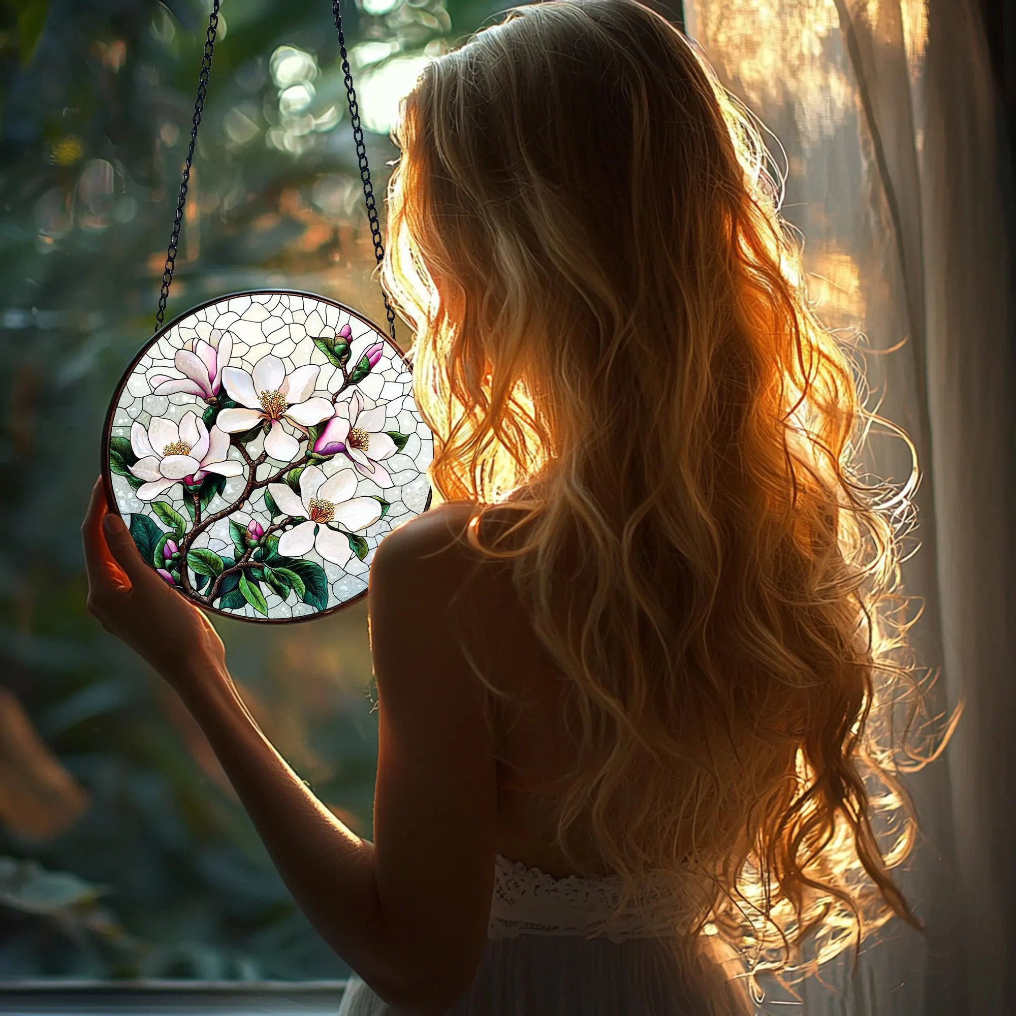 Handmade White Magnolia Stained Glass Suncatcher_ Floral Window Art, Handcrafted Stained Glass Suncatcher, Vibrant Window Art Panel, Sunlit Light Catcher Decoration, Boho Room Decor, Gift for Home Lovers