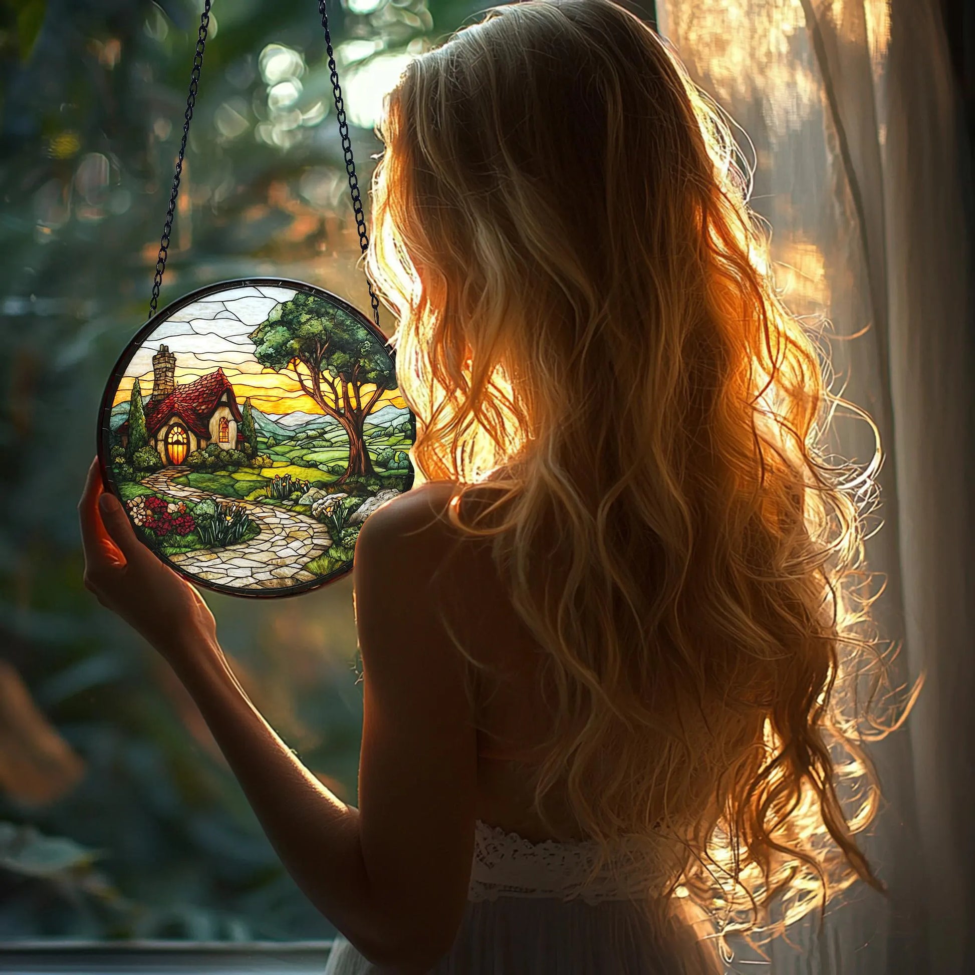 Mushroom Stained Glass Suncatcher_ Sunset Window Hanging Art, Artistic Stained Glass Acrylic Panel, Window Light Catcher Hanging, Colorful Home Decor Accent, Handmade Gift for Any Occasion