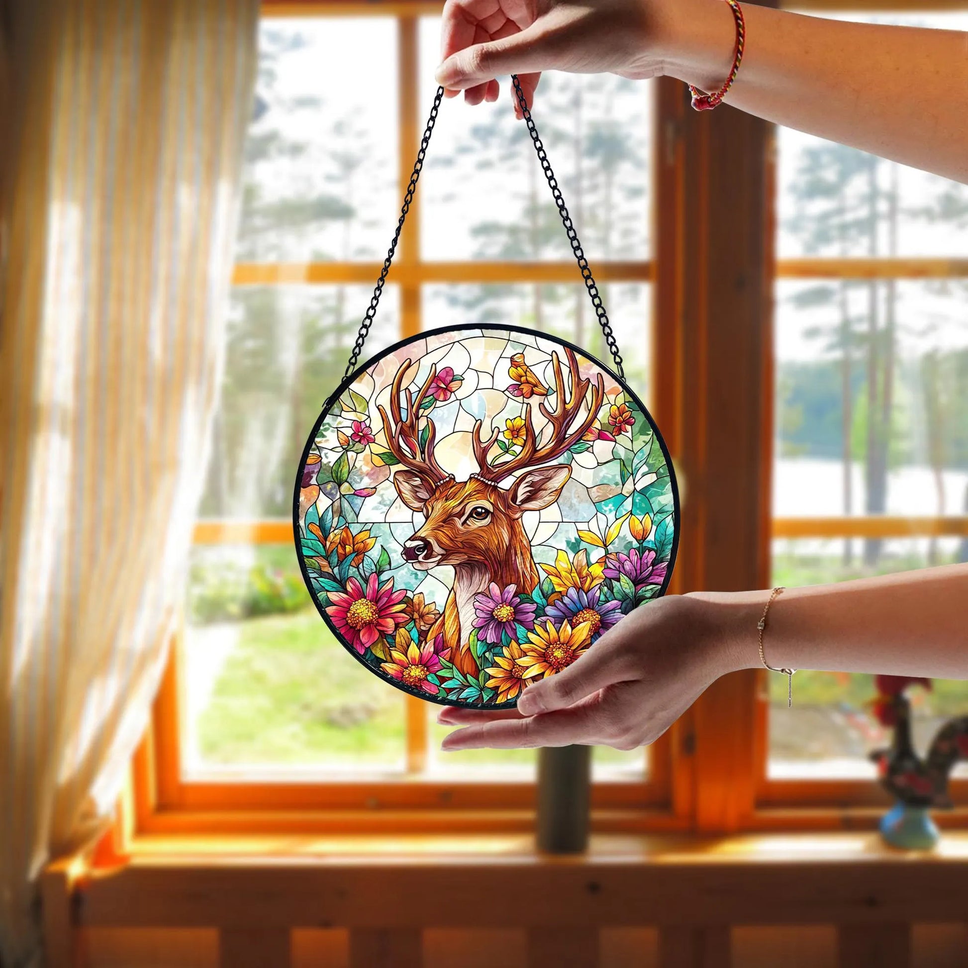 Deer Stained Glass Suncatcher_ Handcrafted Wildlife Window Hanging, Colorful Sun Catcher Ornament, Boho Window Decoration, Unique Gift