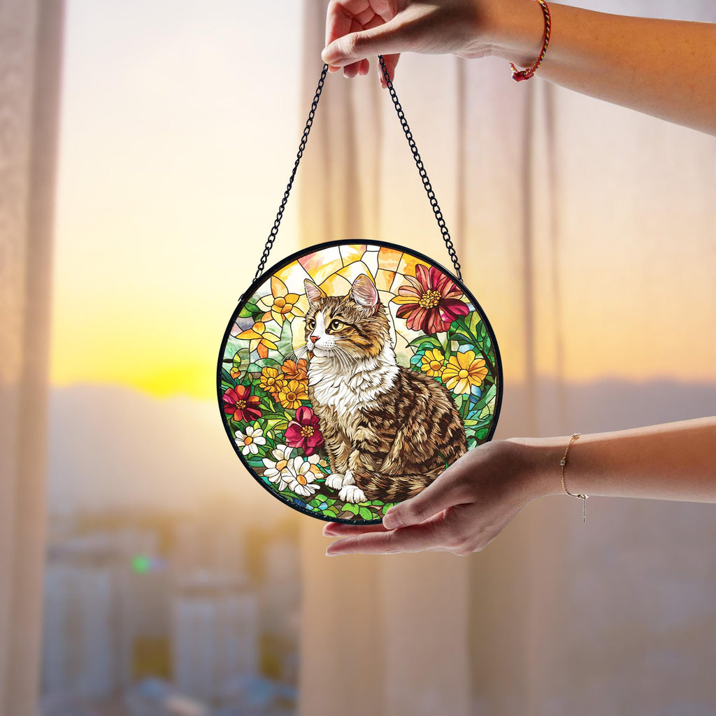 Tabby Cat Stained Glass Suncatcher_ Handmade Feline Window Decor, Decorative Stained Glass Style Suncatcher, Acrylic Window Art Panel, Sun Catcher Hanging Ornament, Unique Home Accent, andmade Home Decoration
