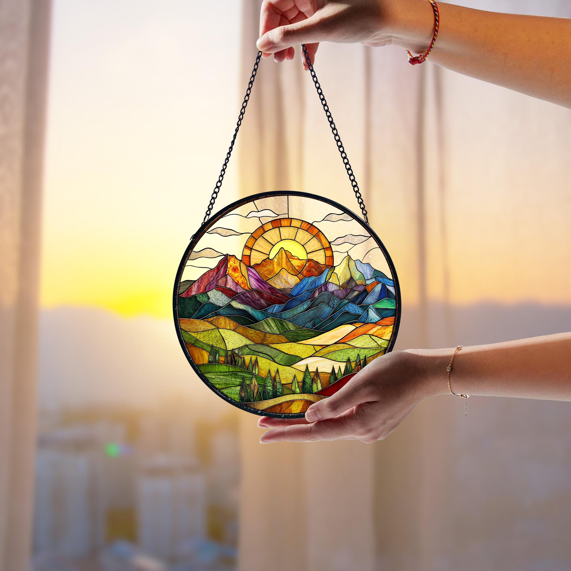 Handmade Mountain Sunset Stained Glass Suncatcher_ Nature Window Decor, Stained Glass Acrylic Suncatcher, Vibrant Window Hanging Art, Colorful Light Catcher Decor, Boho Window Ornament, Unique Home Gift