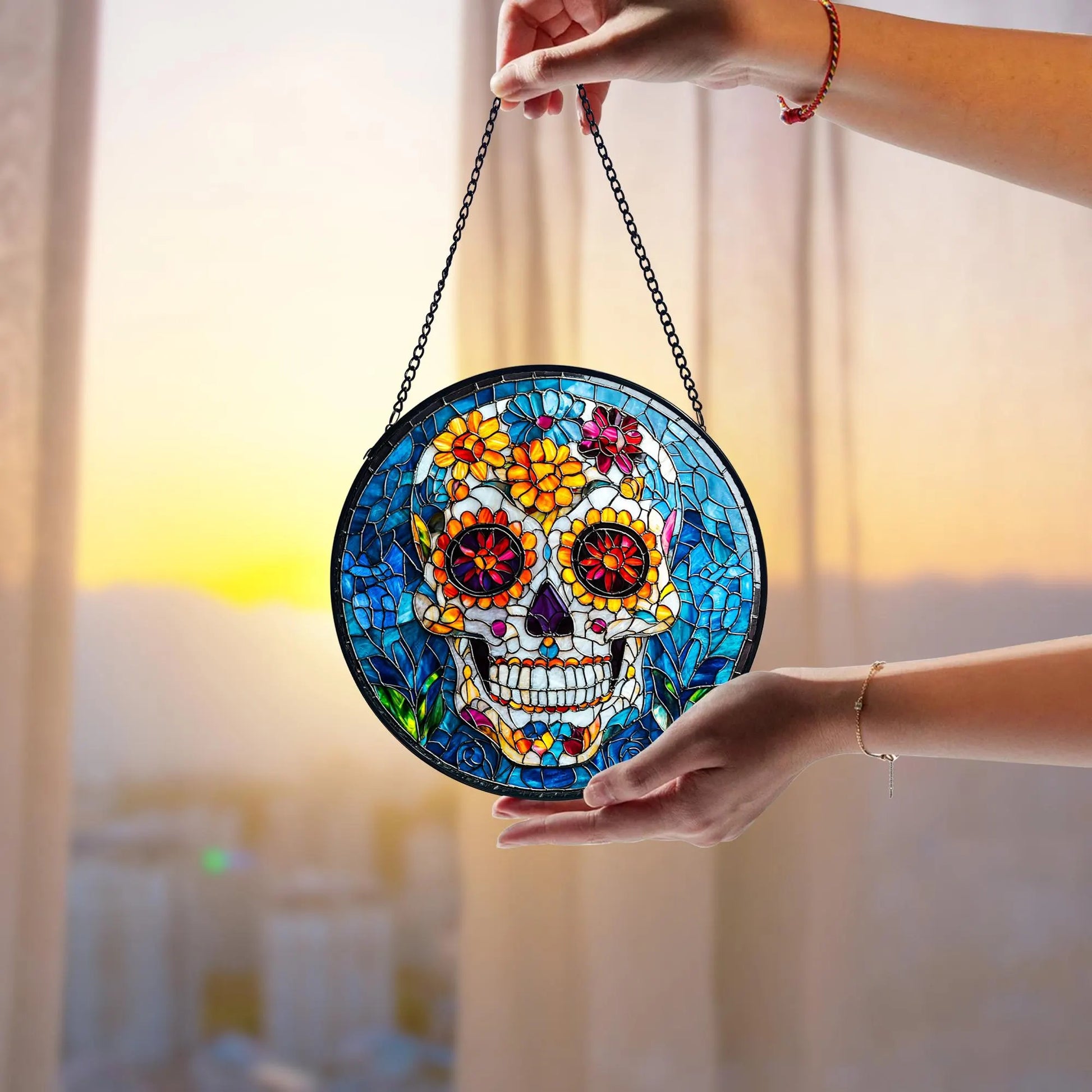 Sugar Skull Stained Glass Suncatcher, Dia De Los Muertos Decor, Acrylic Stained Glass Clover Suncatcher, Lucky Window Hanging, Boho Green Ornament, Unique Artisan Home Decor