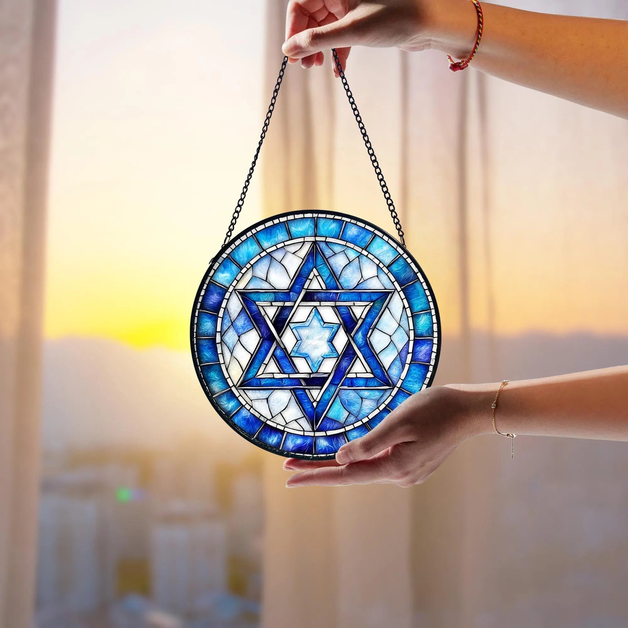 Handmade Star of David Stained Glass Ornament_ Jewish Decor, Handcrafted Stained Glass Suncatcher, Vibrant Window Art Panel, Sunlit Light Catcher Decoration, Boho Room Decor, Gift for Home Lovers