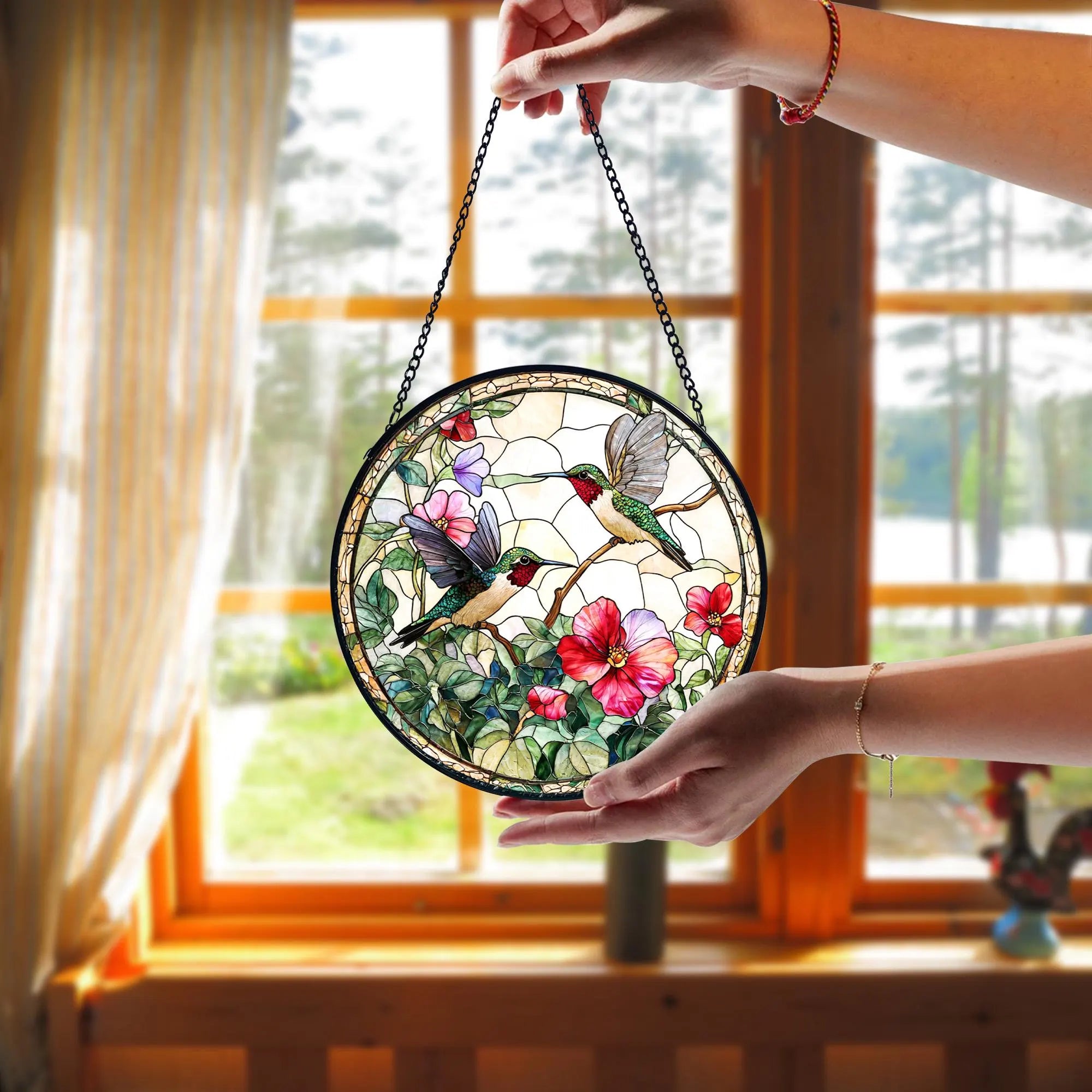 Hummingbird Stained Glass Suncatcher_ Wildflower Window Hanging, Acrylic Stained Glass Window Art, Handmade Sun Catcher Hanging Decor, Colorful Light Reflecting Panel, Unique Gift for Home