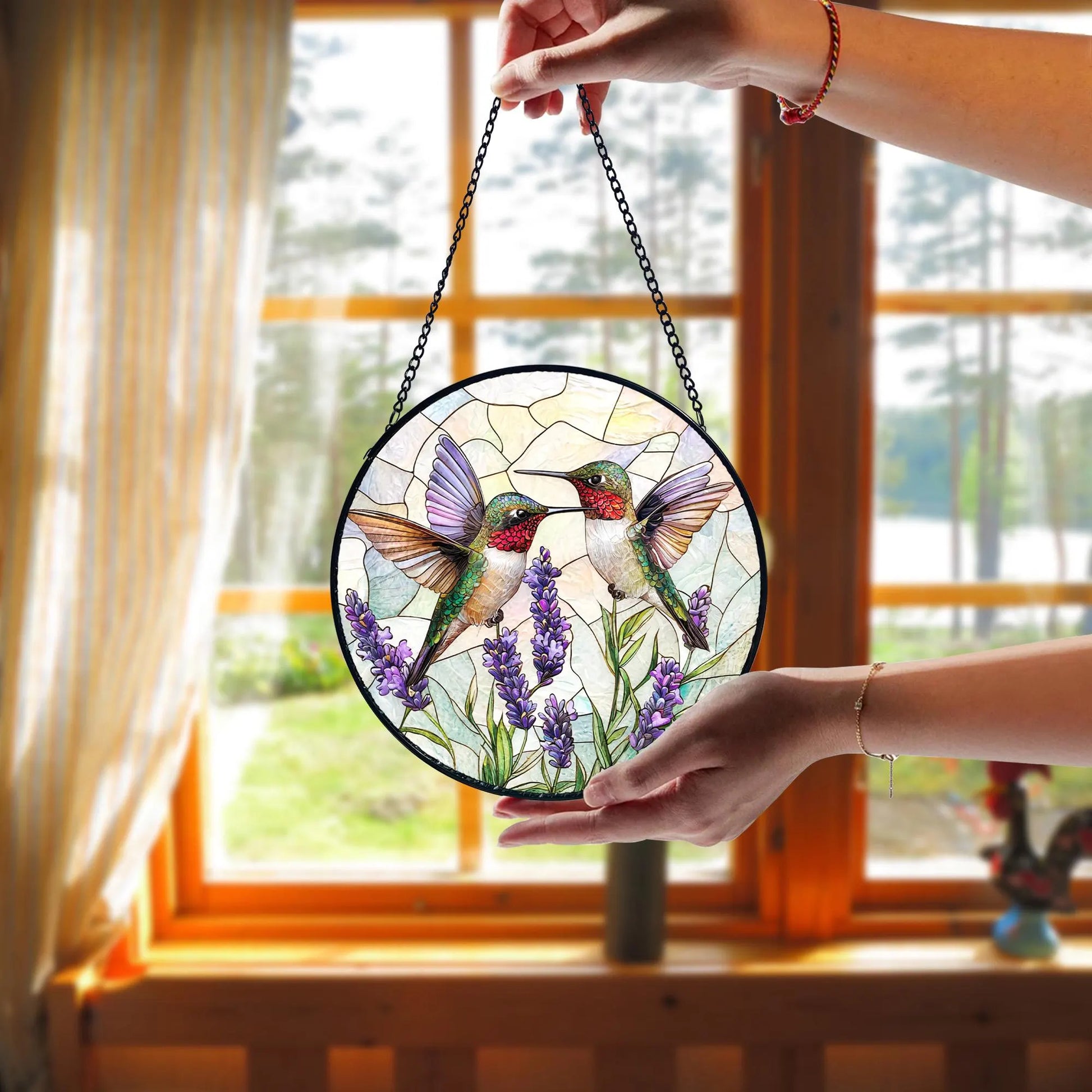 Hummingbird & Lavender Stained Glass Suncatcher_ Handmade Window Hanging, Acrylic Stained Glass Window Art, Handmade Sun Catcher Hanging Decor, Colorful Light Reflecting Panel, Unique Gift for Home