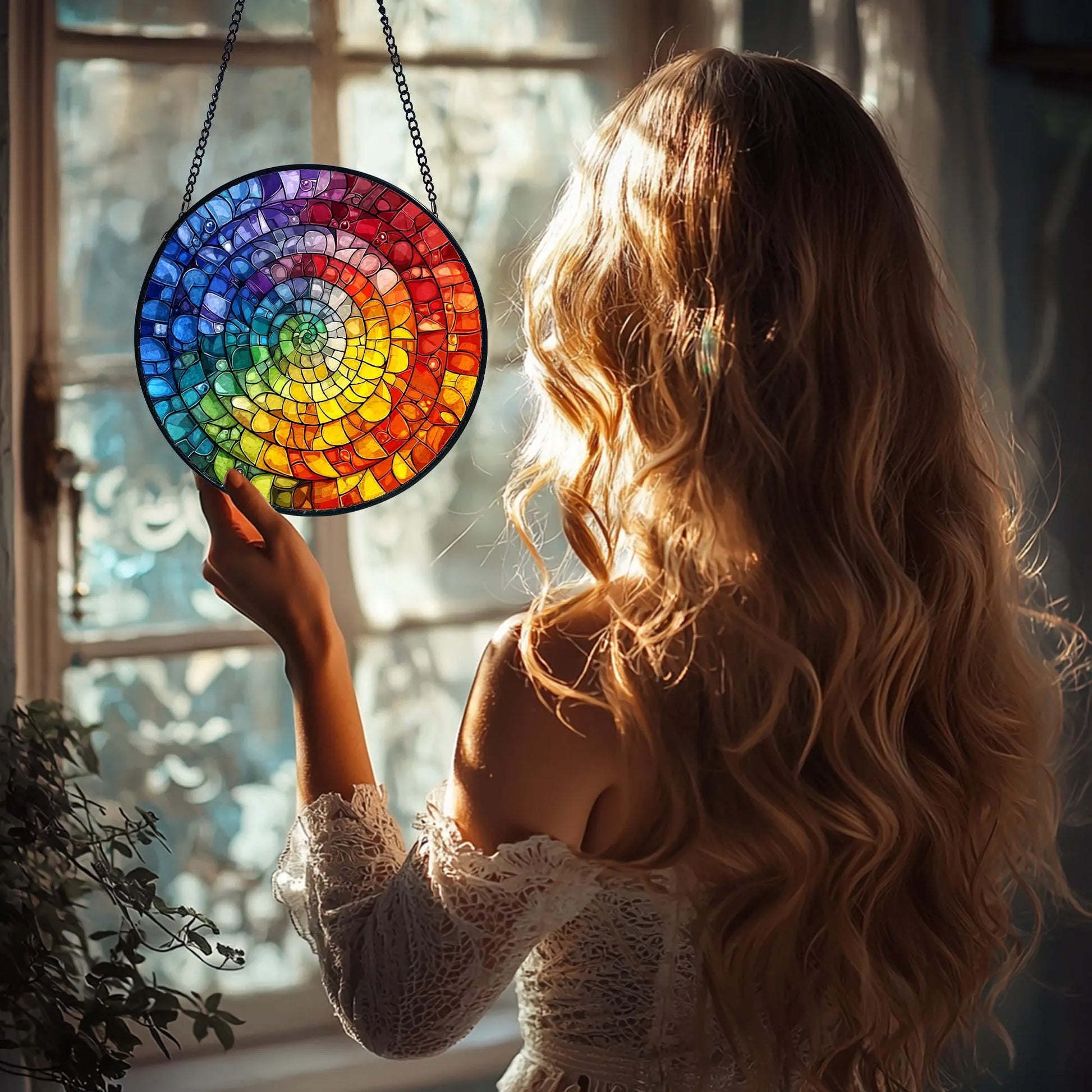 Rainbow Spiral Stained Glass Suncatcher_ Handmade Window Art, Artistic Stained Glass Acrylic Panel, Window Light Catcher Hanging, Colorful Home Decor Accent, Handmade Gift for Any Occasion