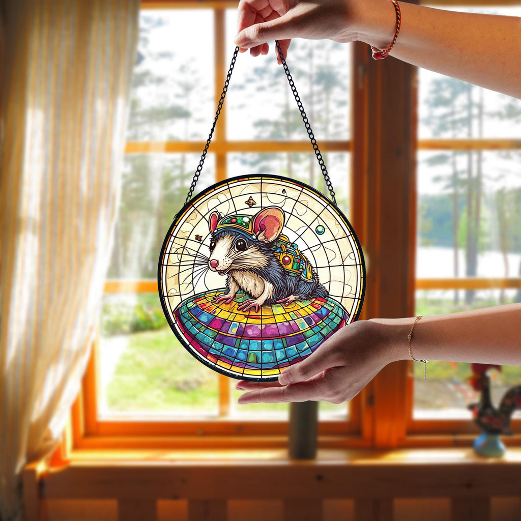 UFO Abduction Opossum Stained Glass Suncatcher, Decorative Stained Glass Style Suncatcher, Acrylic Window Art Panel, Sun Catcher Hanging Ornament, Unique Home Accent, andmade Home Decoration
