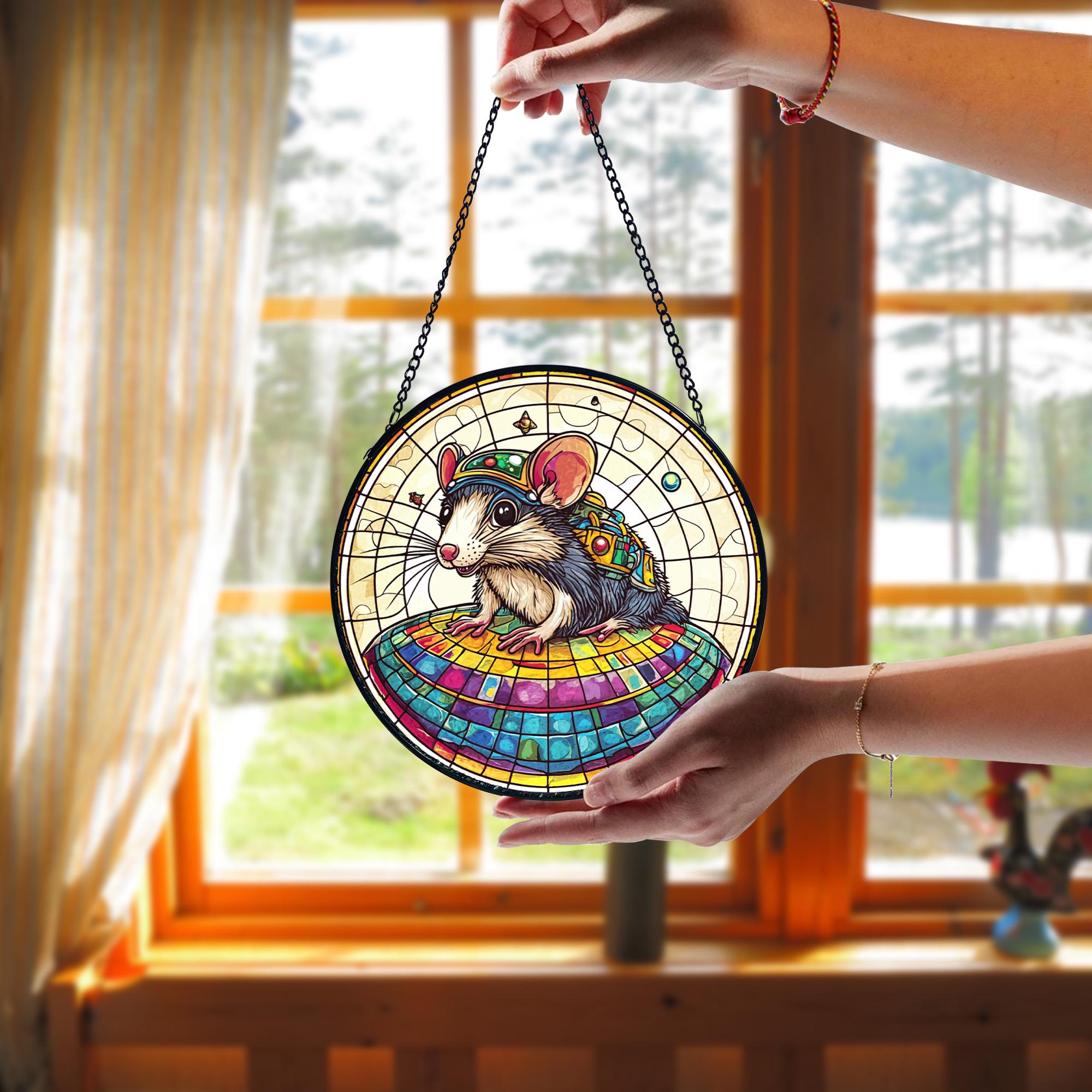 UFO Abduction Opossum Stained Glass Suncatcher, Decorative Stained Glass Style Suncatcher, Acrylic Window Art Panel, Sun Catcher Hanging Ornament, Unique Home Accent, andmade Home Decoration