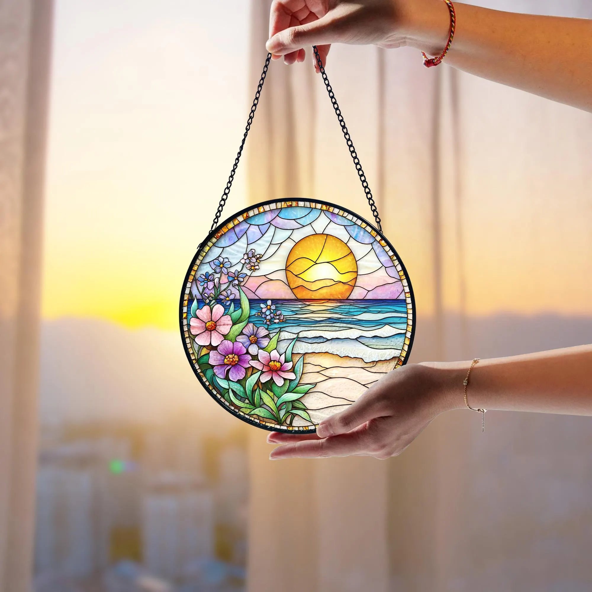 Handmade Beach Sunset Stained Glass Window Hanging_ Coastal Decor, Stained Glass Suncatcher Window Hanging, Handmade Glass Art Decor, Colorful Sun Catcher Ornament, Boho Window Decoration, Unique Gift