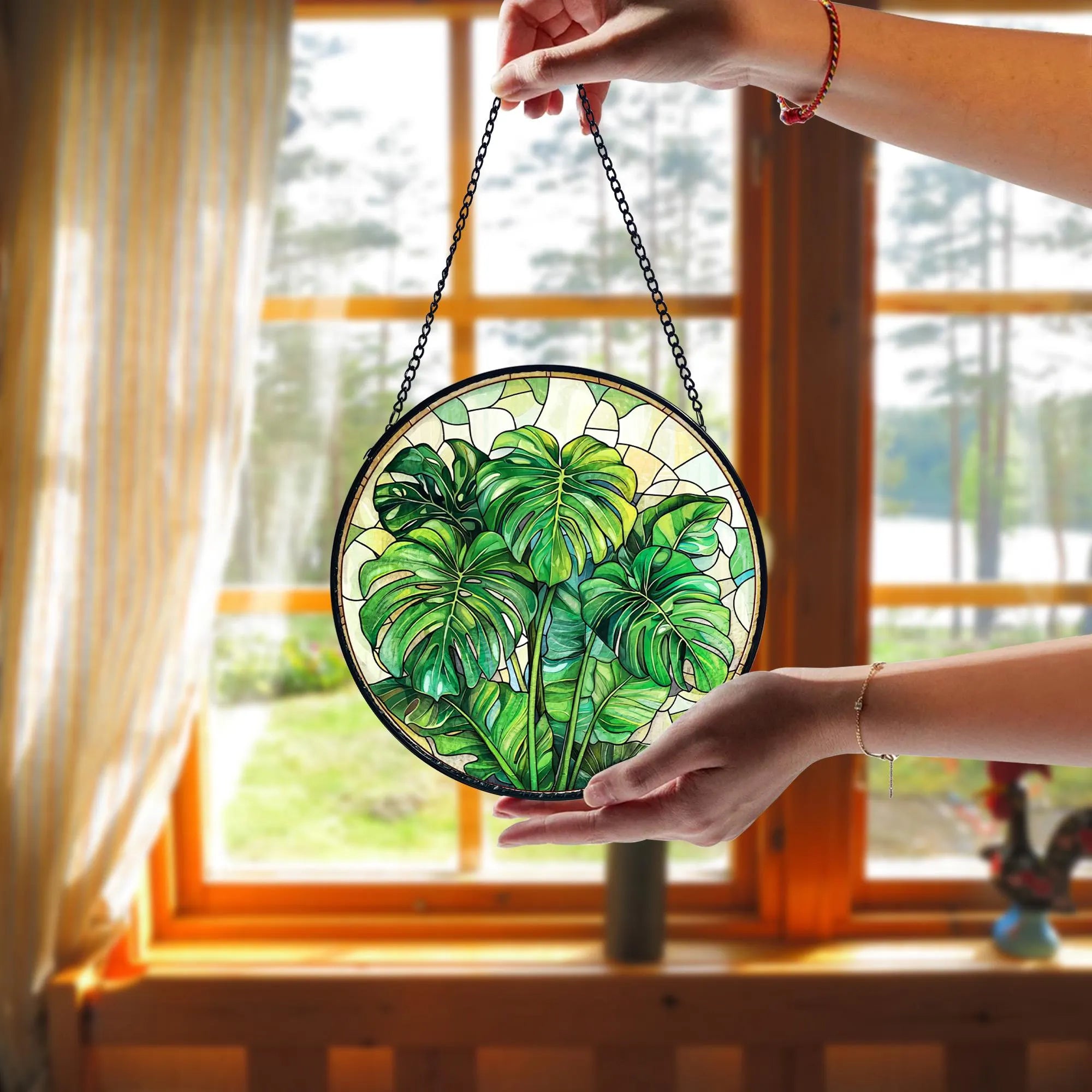 Handmade Monstera Plant Stained Glass Suncatcher_ Botanical Window Decor, Stained Glass Acrylic Suncatcher, Vibrant Window Hanging Art, Colorful Light Catcher Decor, Boho Window Ornament, Unique Home Gift