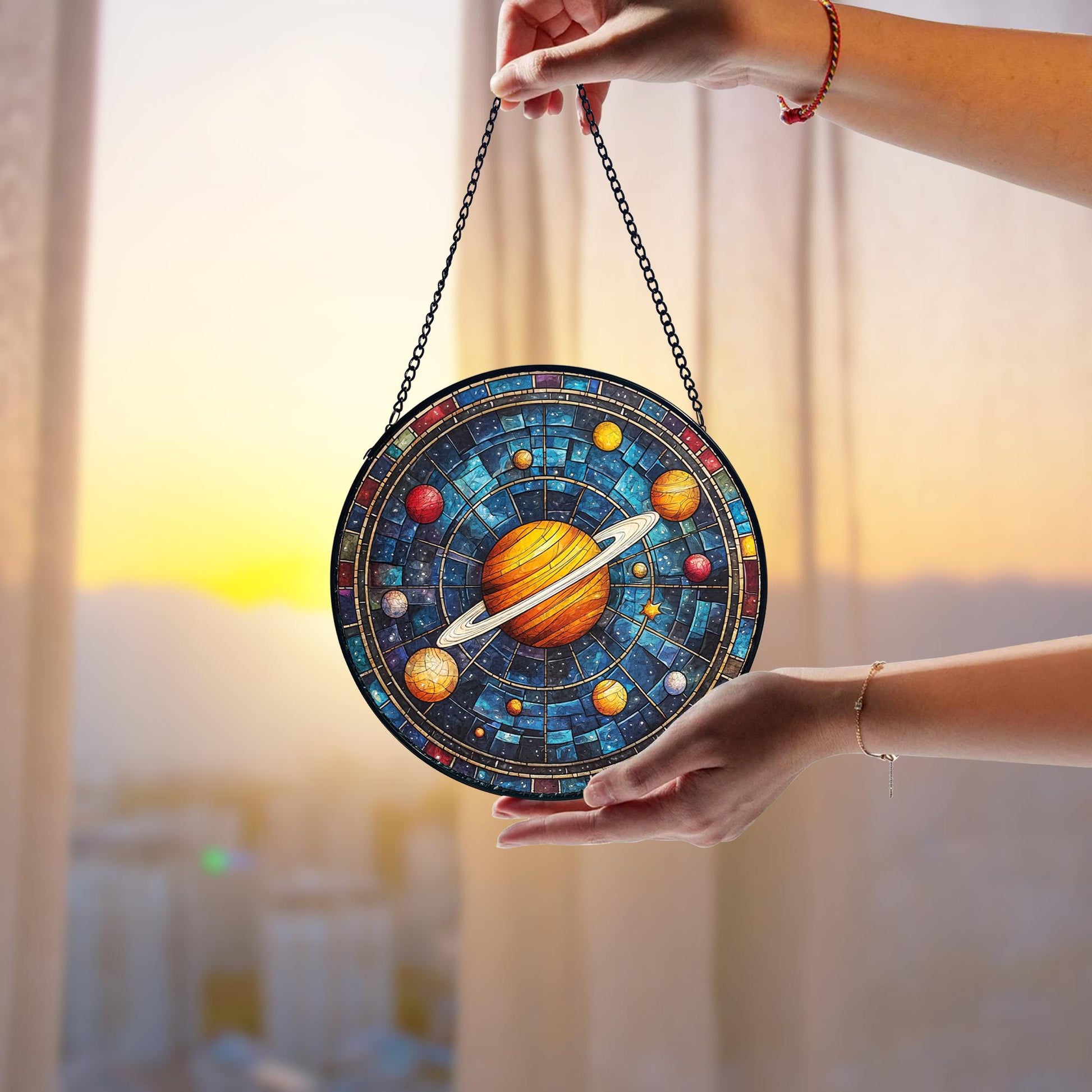 Solar System Stained Glass Suncatcher_ Handmade Galaxy Window Hanging, Stained Glass Style Clover Suncatcher, Acrylic Window Hanging Decor, Four Leaf Lucky Ornament, Green Sun Catcher Panel, Unique Home Gift