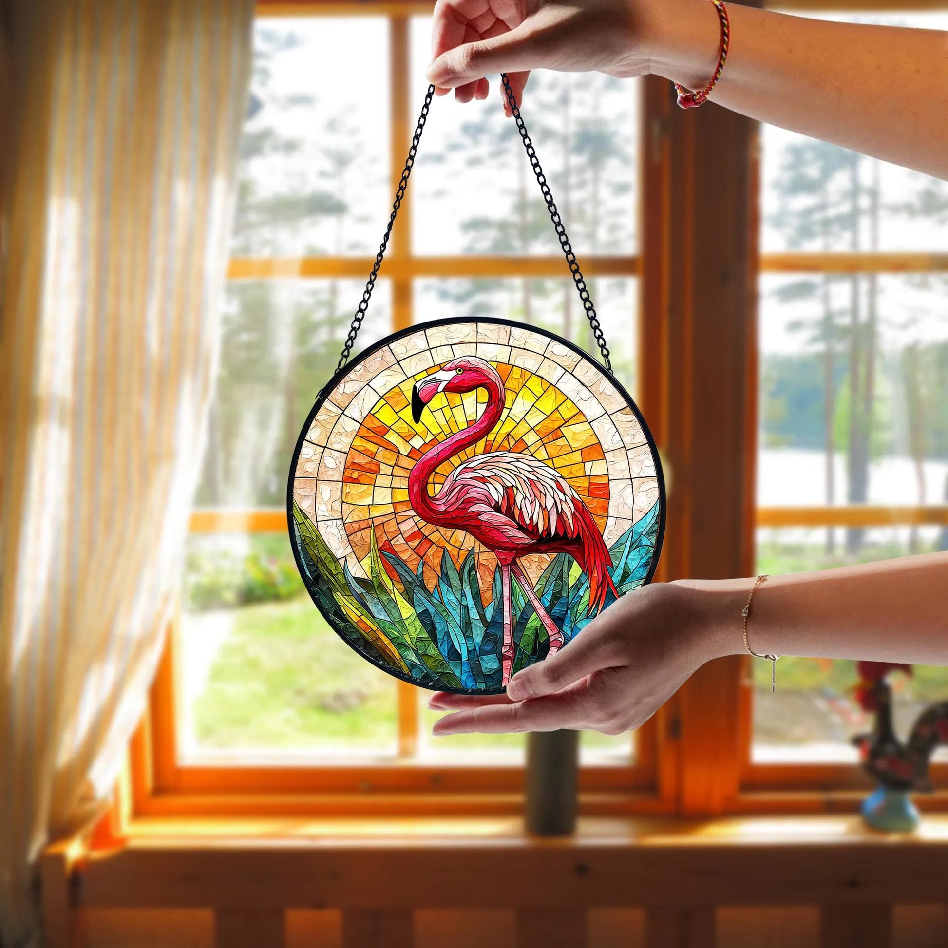 Handcrafted Flamingo Stained Glass Suncatcher_ Tropical Home Decor, Stained Glass Style Window Hanging Colorful Sun Catcher Ornament, Boho Window Decoration, Unique Gift